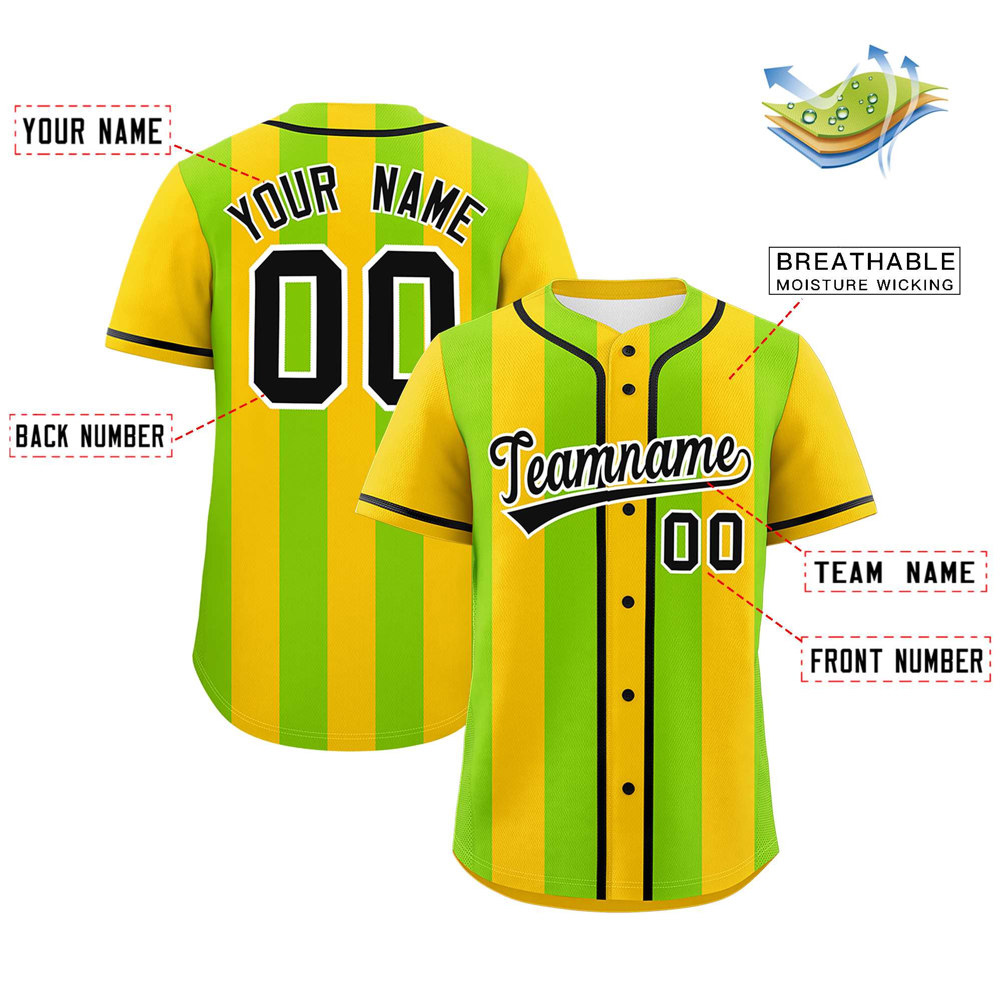 Custom Gold Neon Green Thick Stripe Fashion Authentic Baseball jersey