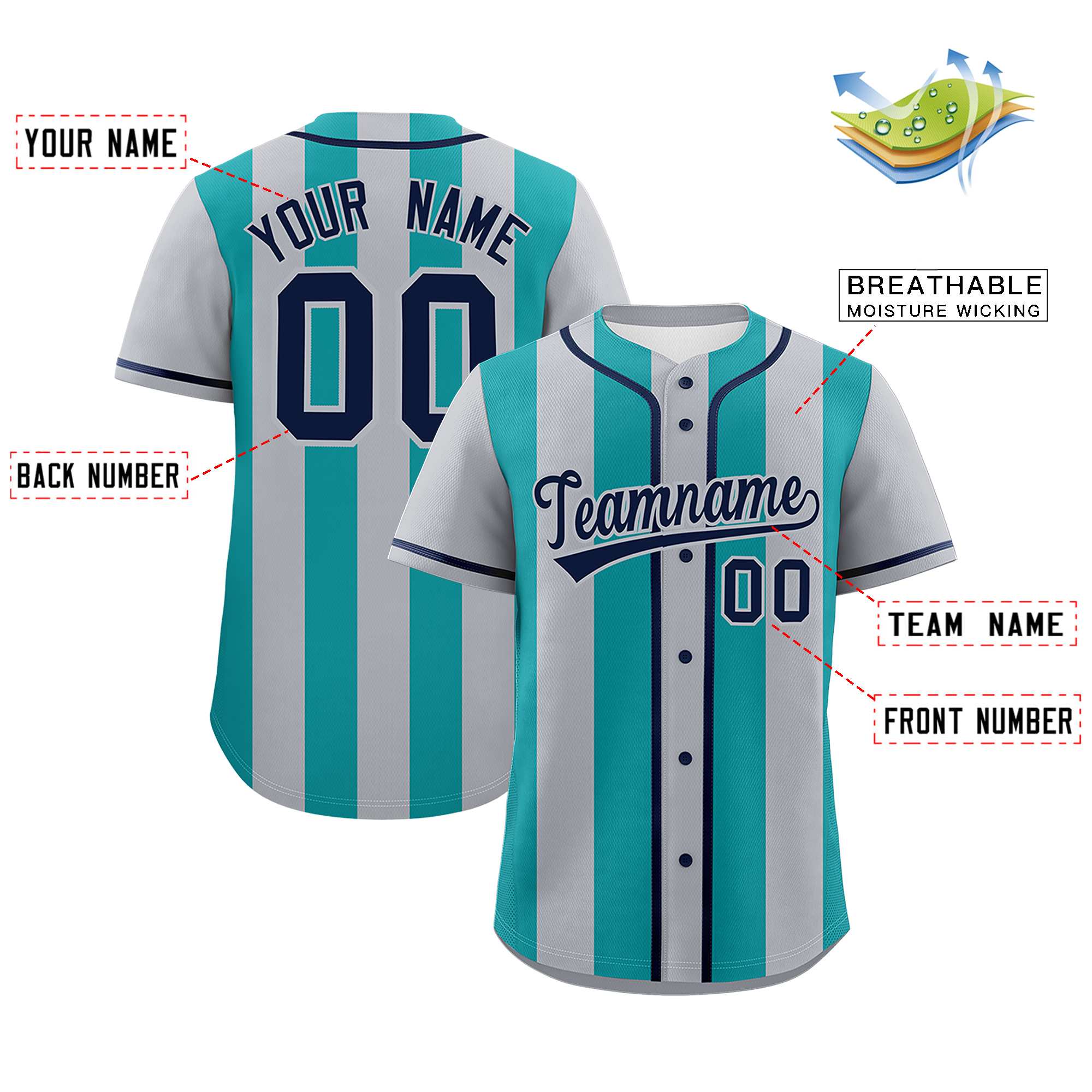 Custom Gray Aqua Thick Stripe Fashion Authentic Baseball jersey