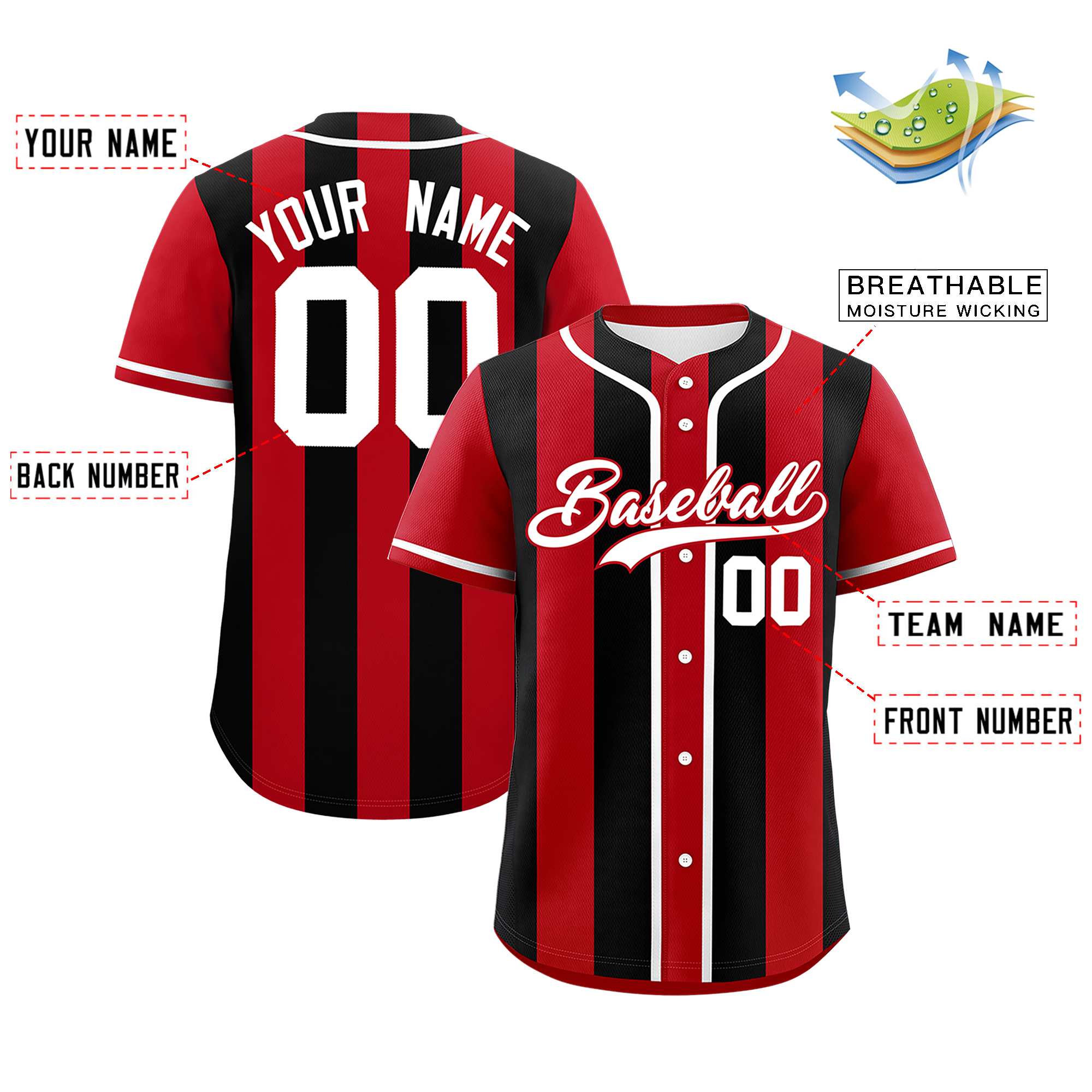 Custom Red Black Thick Stripe Fashion Authentic Baseball jersey