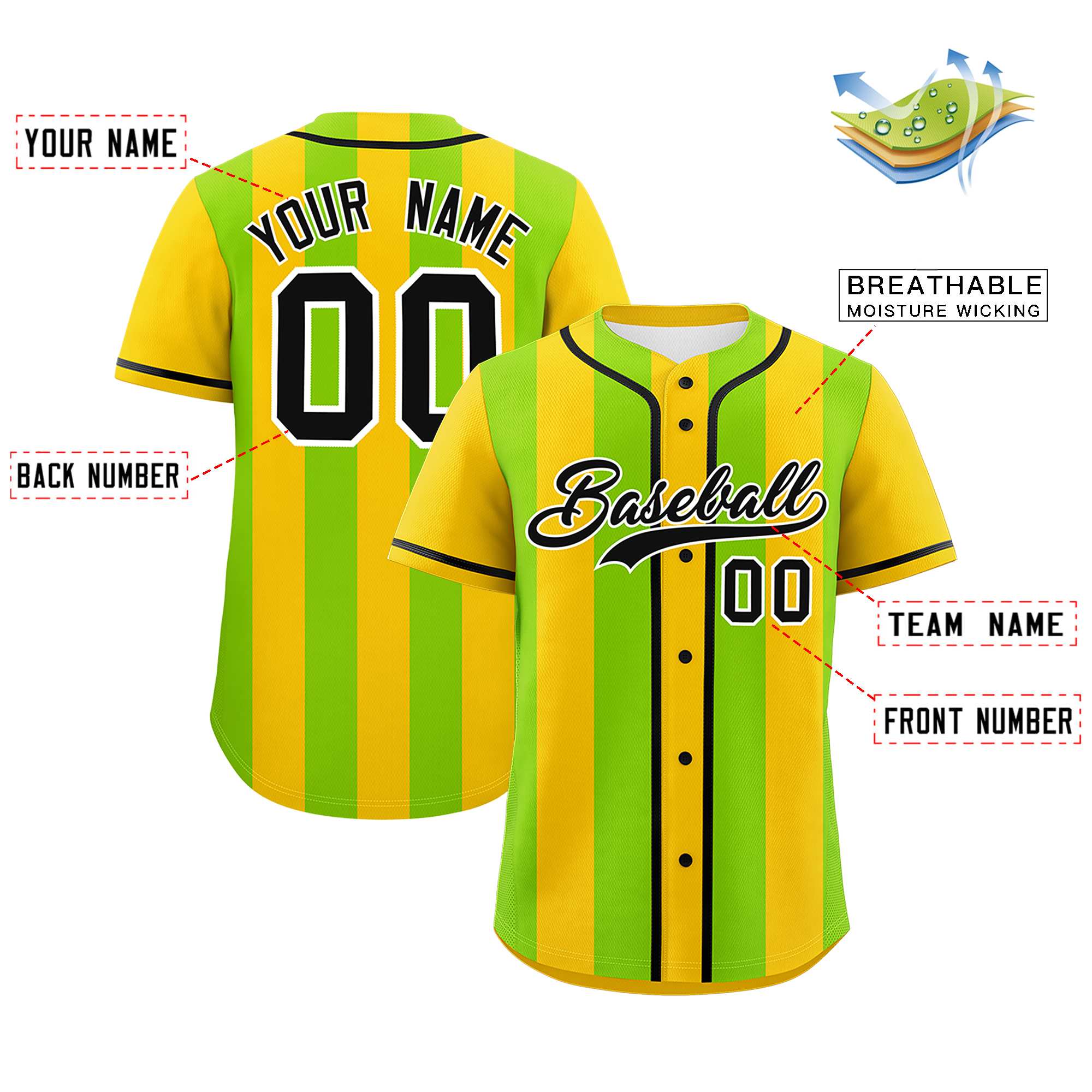 Custom Gold Neon Green Thick Stripe Fashion Authentic Baseball jersey