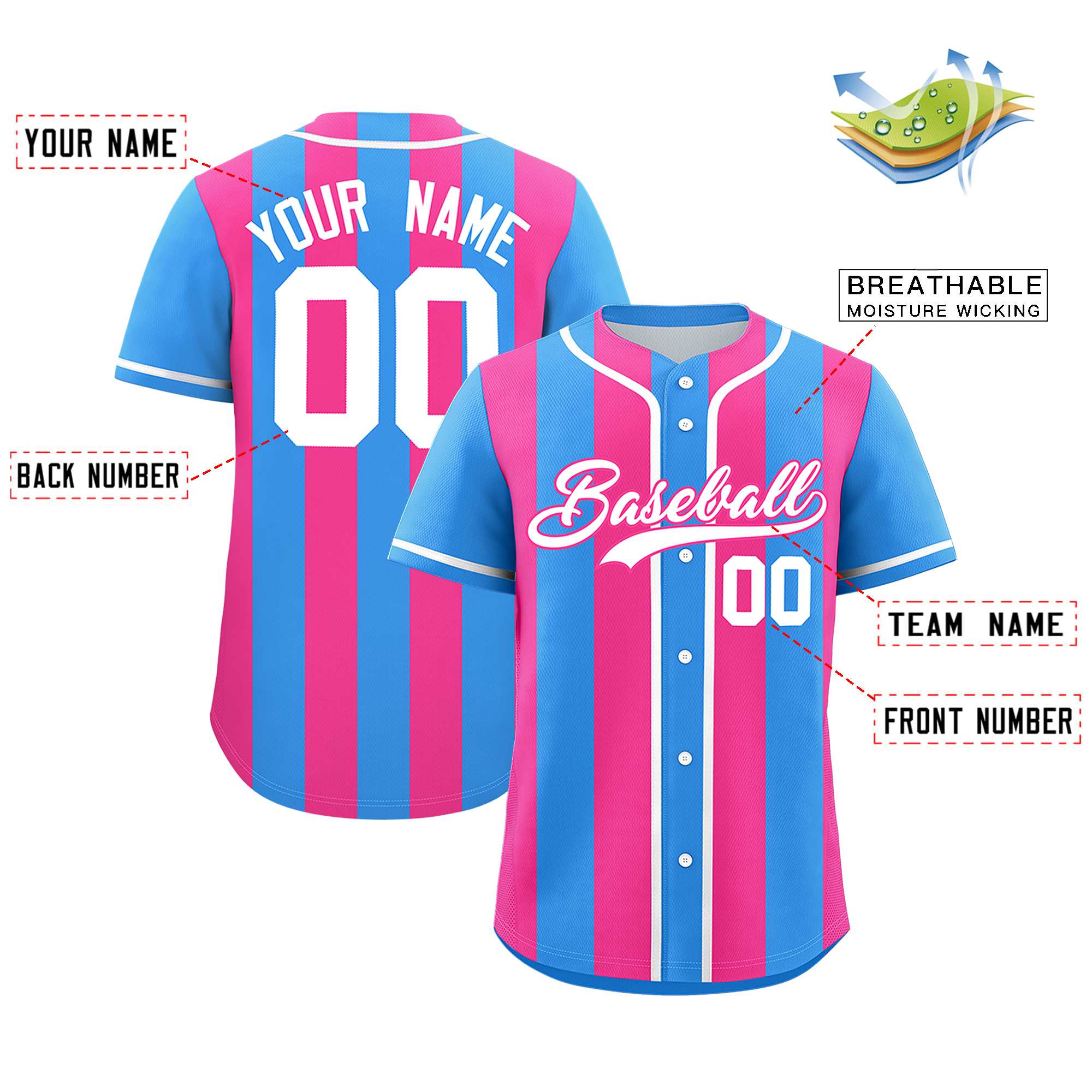 Custom Powder Blue Pink Thick Stripe Fashion Authentic Baseball jersey