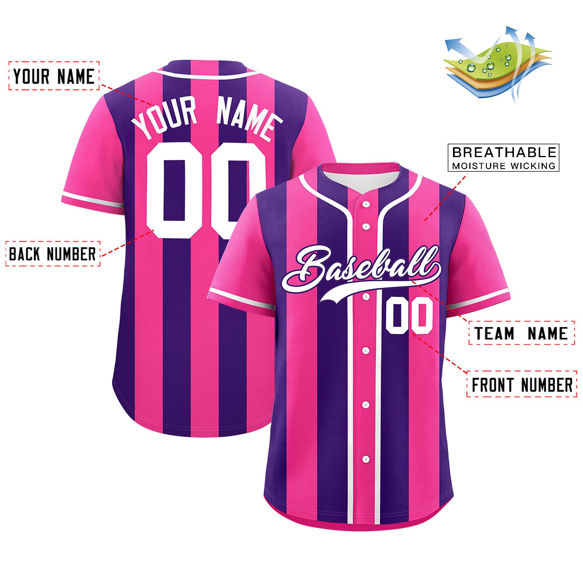 Custom Pink Purple Thick Stripe Fashion Authentic Baseball jersey