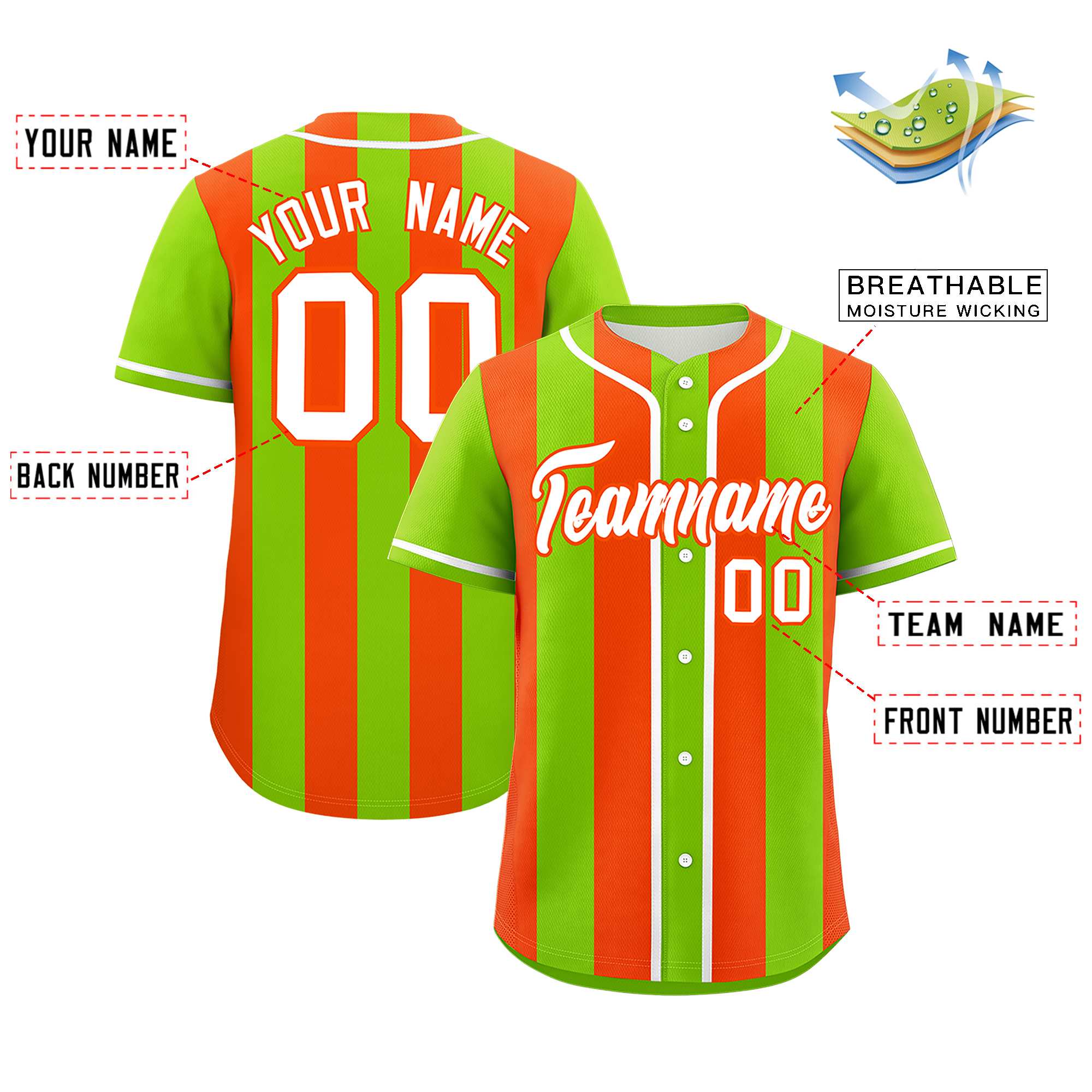 Custom Neon Green Orange Thick Stripe Fashion Authentic Baseball jersey