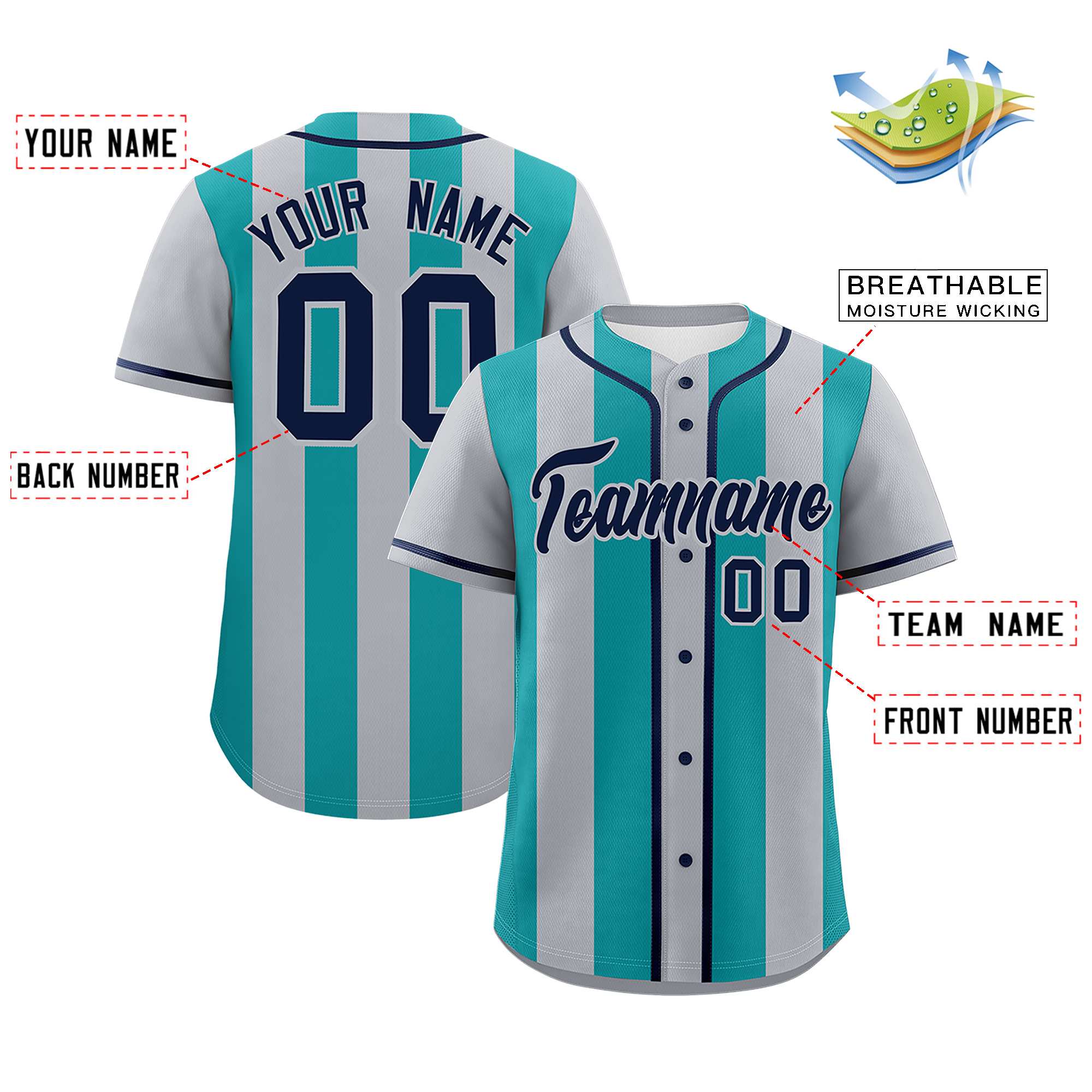 Custom Gray Aqua Thick Stripe Fashion Authentic Baseball jersey