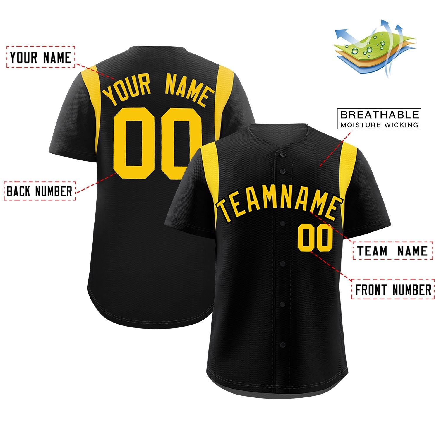 Custom Black Gold Classic Style Personalized Full Button Authentic Baseball Jersey