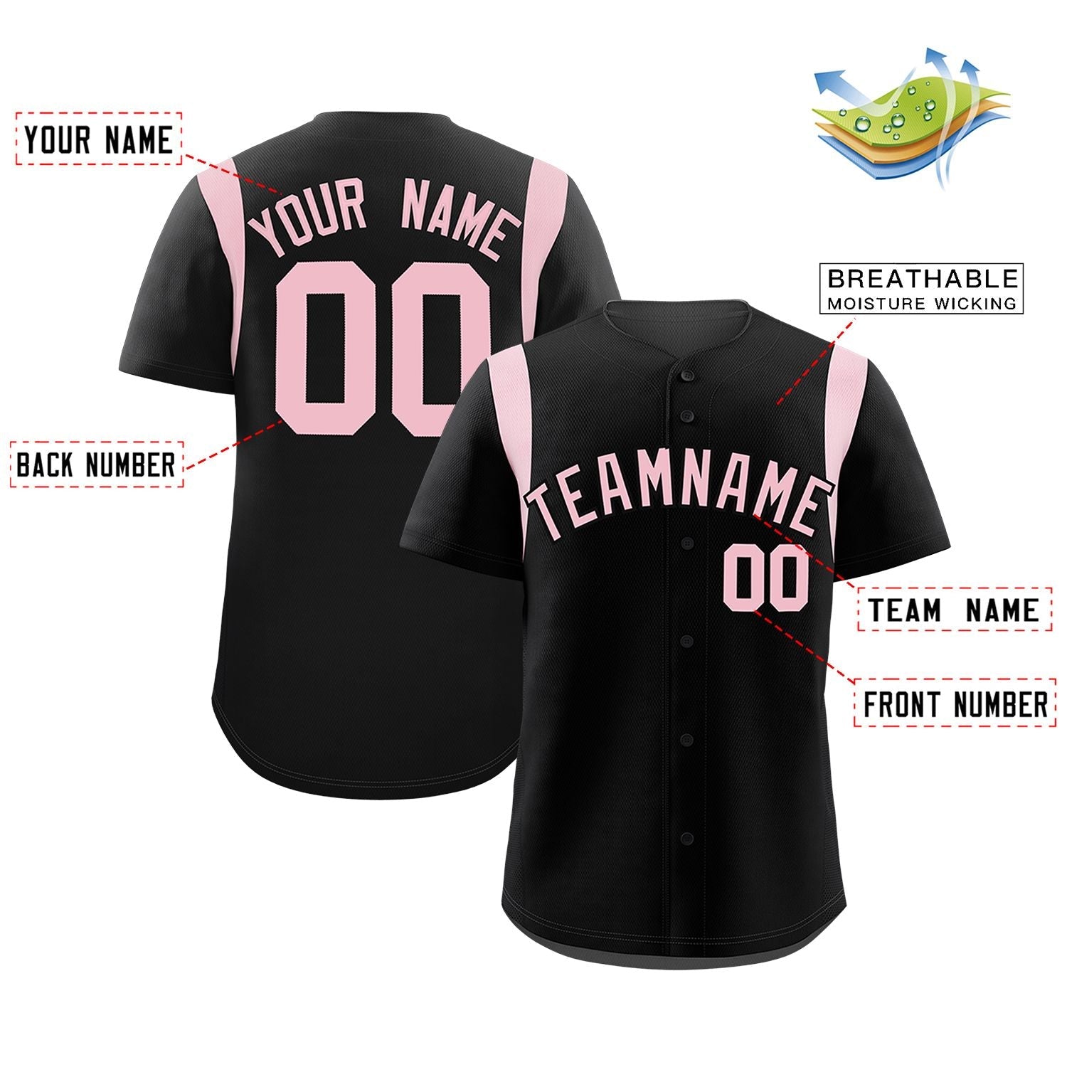 Custom Black Light Pink Classic Style Personalized Full Button Authentic Baseball Jersey