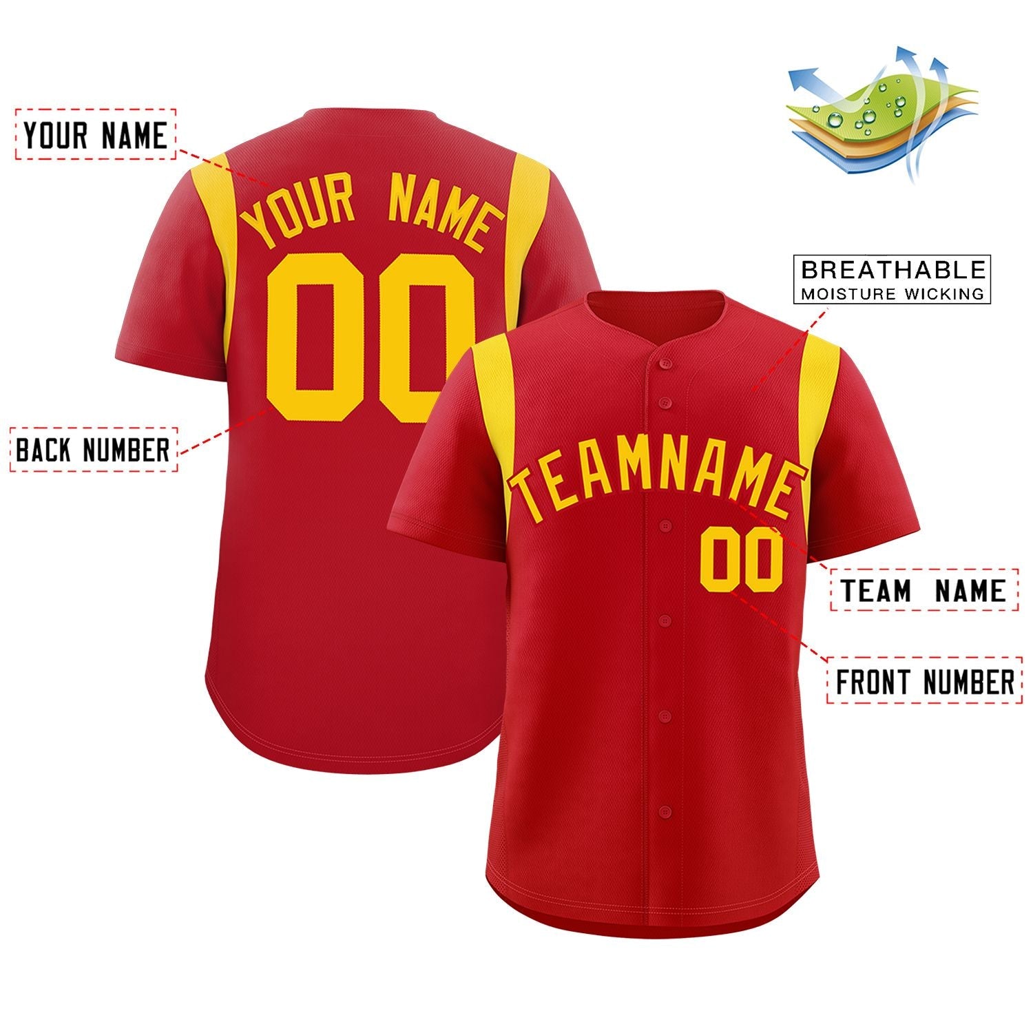 Custom Red Gold Classic Style Personalized Full Button Authentic Baseball Jersey