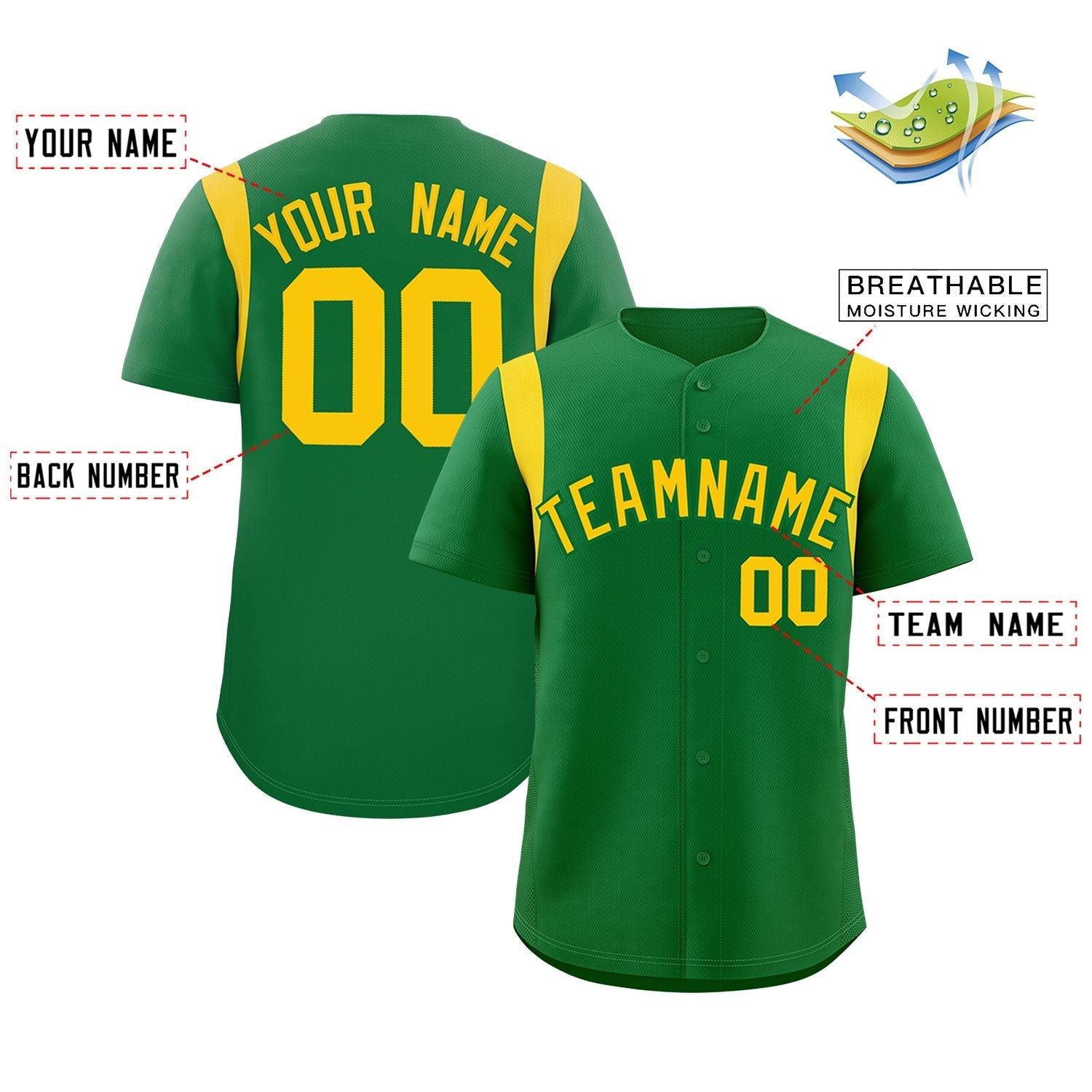 Custom Kelly Green Gold Classic Style Personalized Full Button Authentic Baseball Jersey