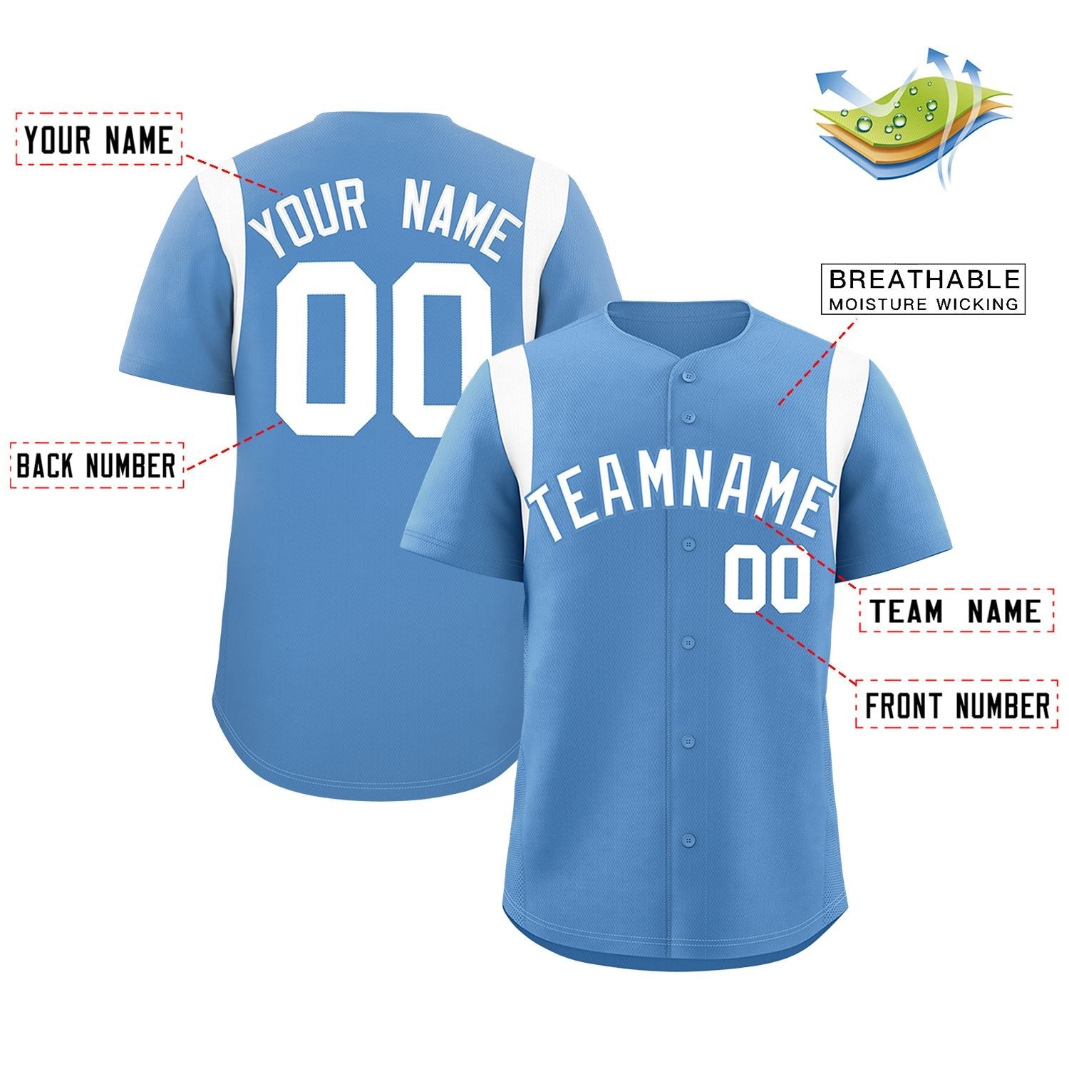 Custom Light Blue White Classic Style Personalized Full Button Authentic Baseball Jersey