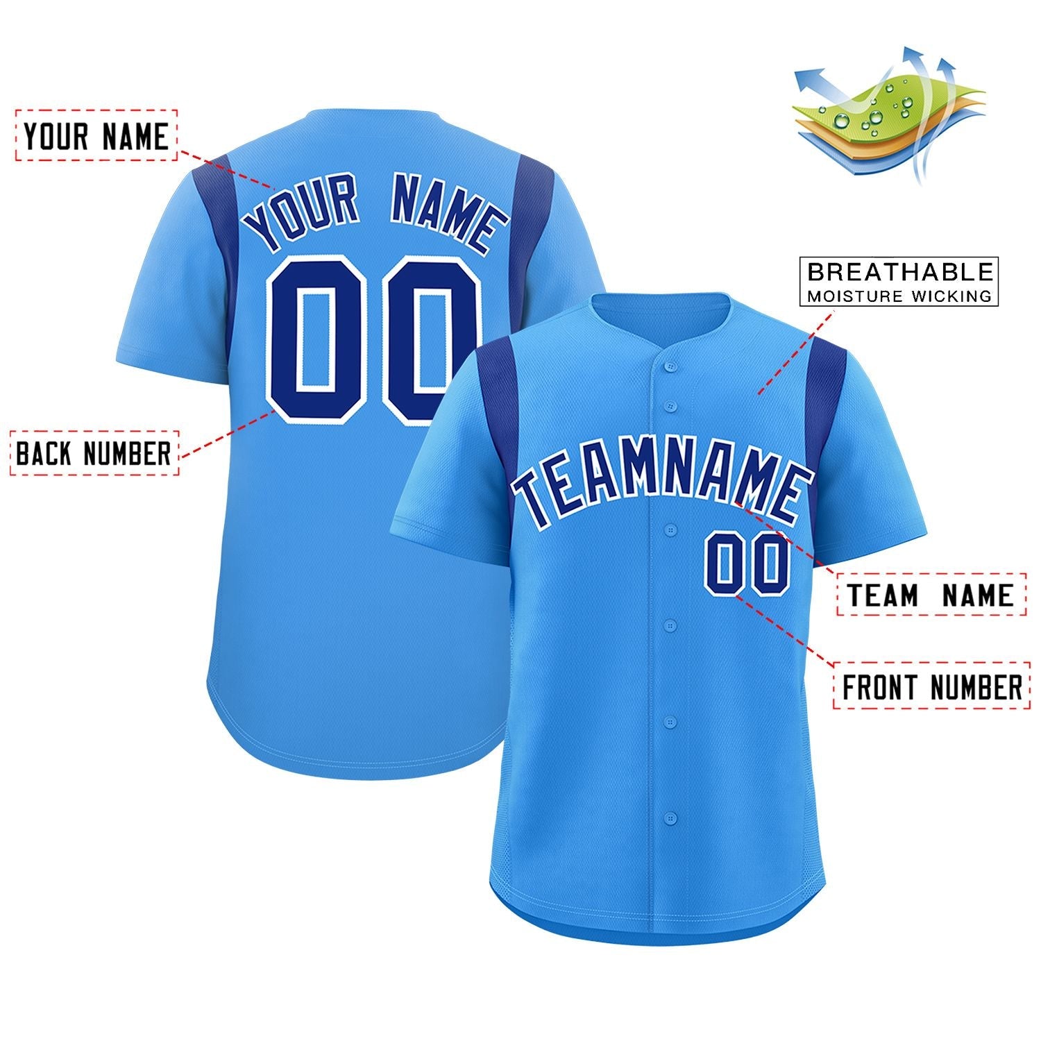 Custom Powder Blue Royal Classic Style Personalized Full Button Authentic Baseball Jersey