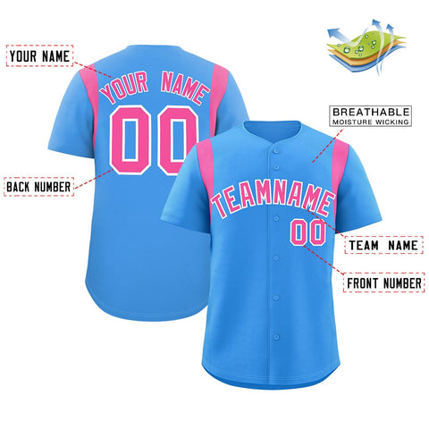 Custom Powder Blue Pink Classic Style Personalized Full Button Authentic Baseball Jersey