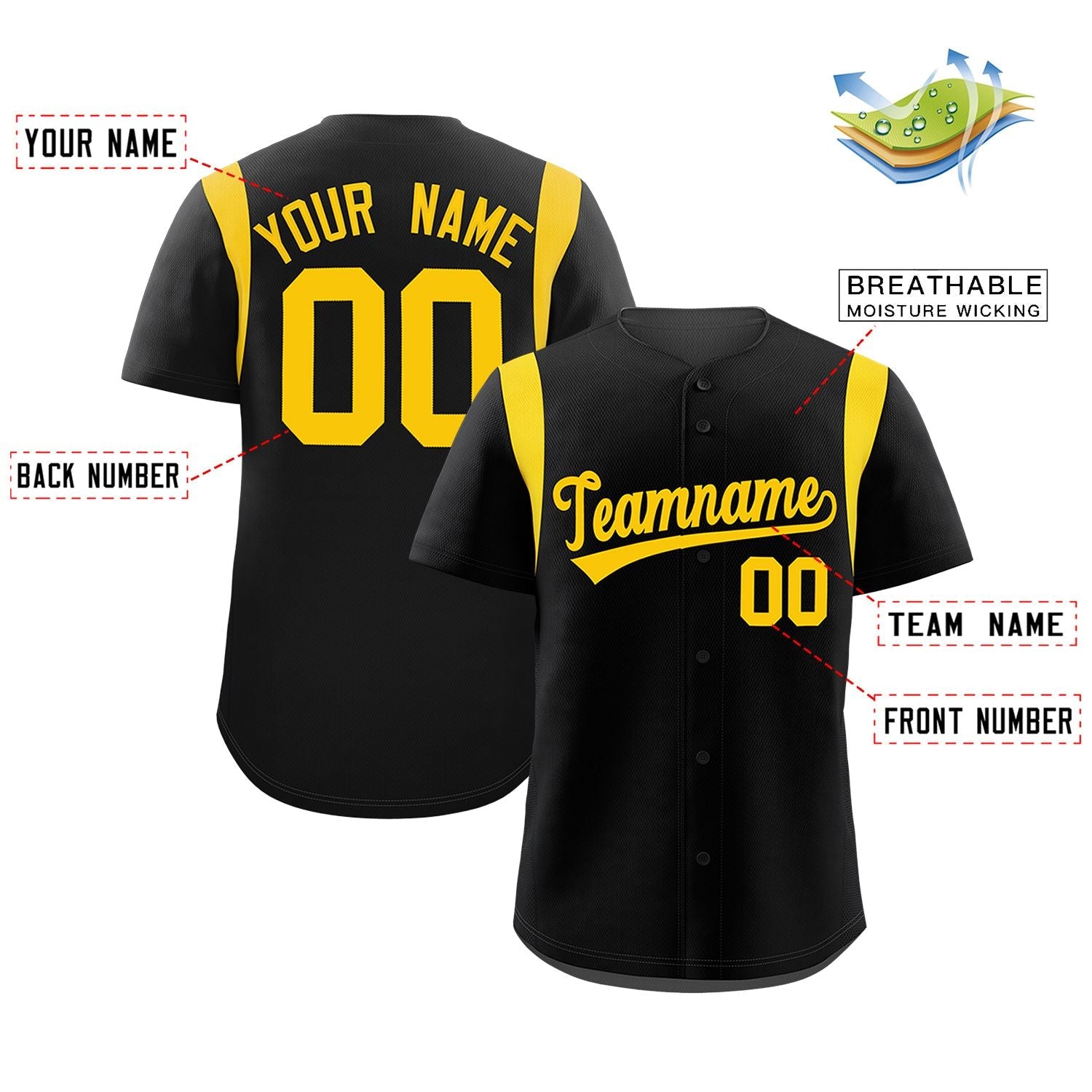 Custom Black Gold Classic Style Personalized Full Button Authentic Baseball Jersey