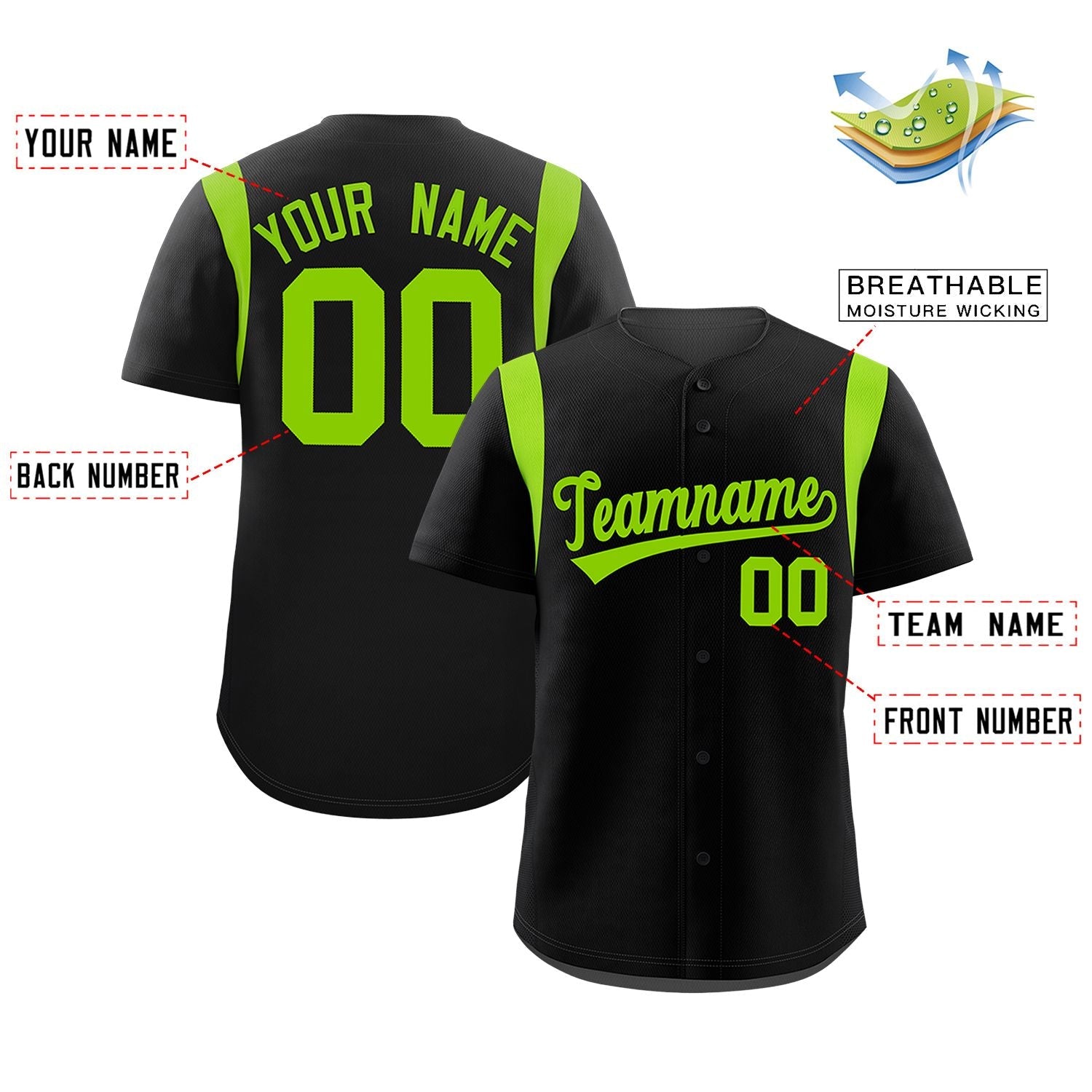 Custom Black Neon Green Classic Style Personalized Full Button Authentic Baseball Jersey