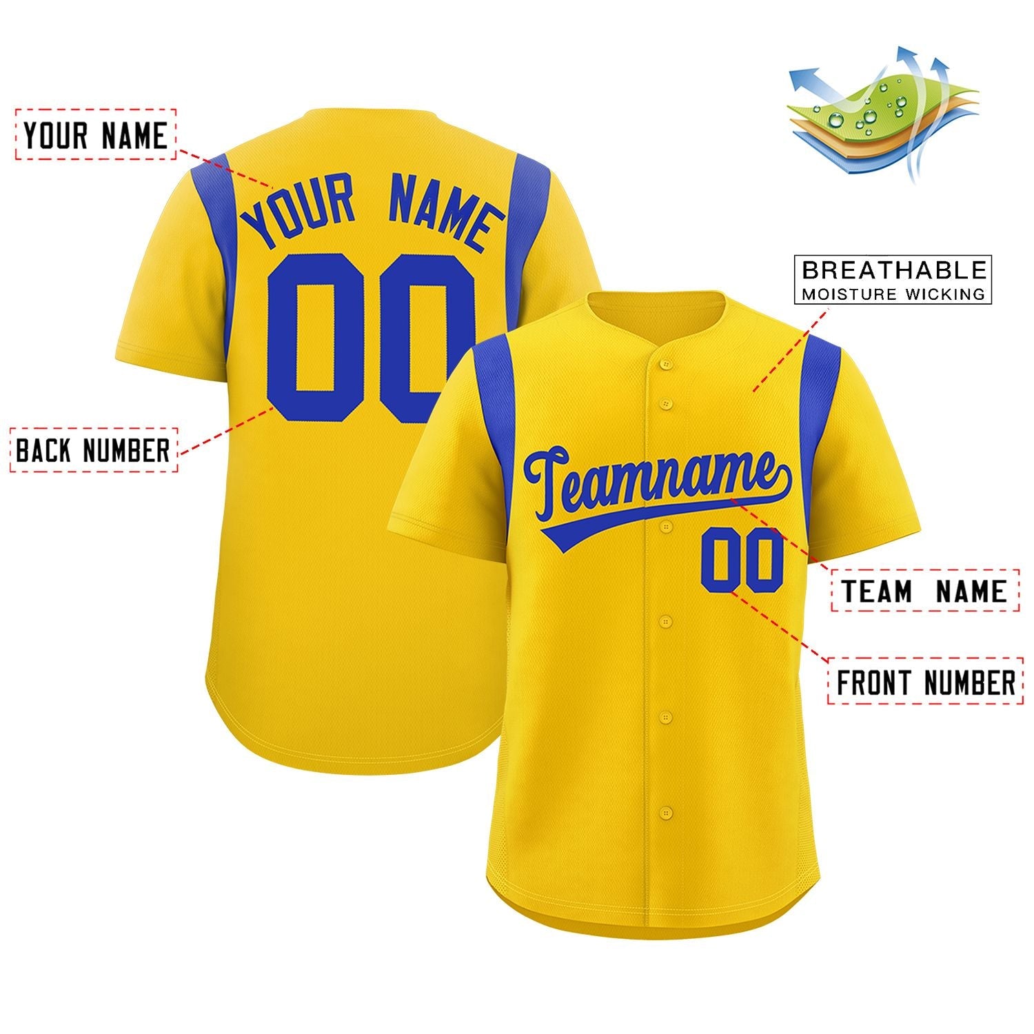 Custom Gold Royal Classic Style Personalized Full Button Authentic Baseball Jersey