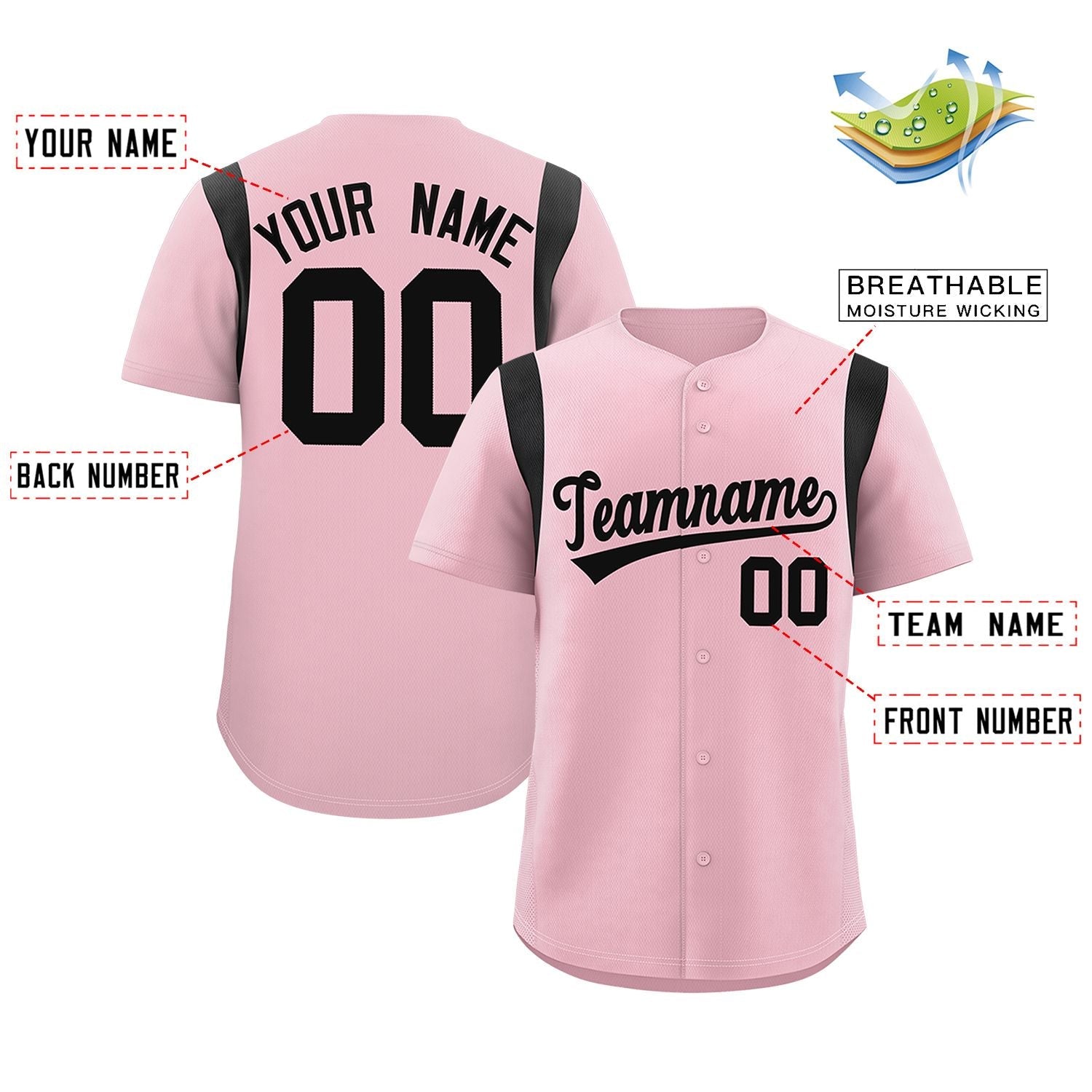 Custom Light Pink Black Classic Style Personalized Full Button Authentic Baseball Jersey