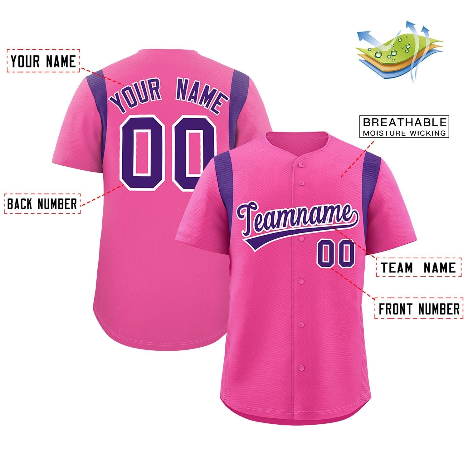 Custom Pink Purple Classic Style Personalized Full Button Authentic Baseball Jersey