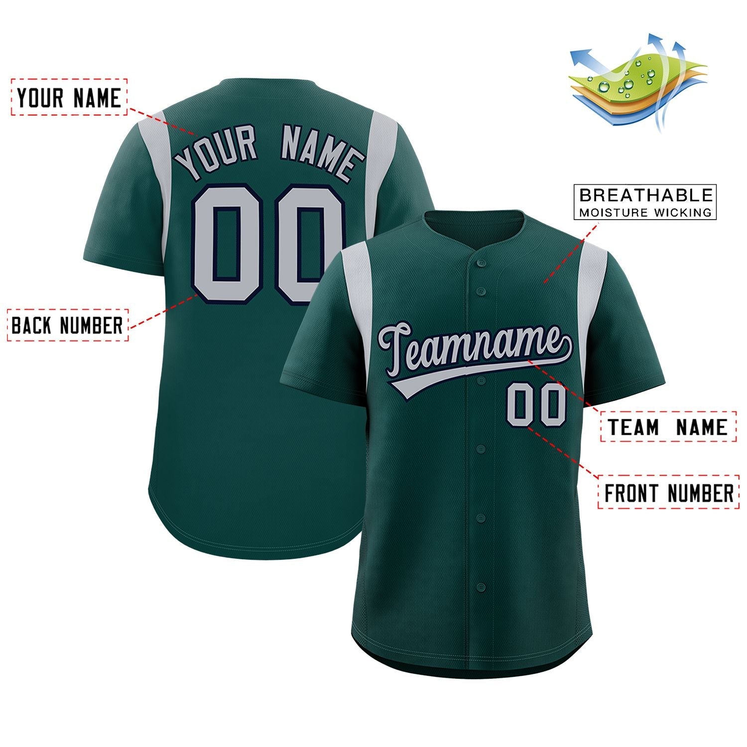 Custom Midnight Green Gray Classic Style Personalized Full Button Authentic Baseball Jersey