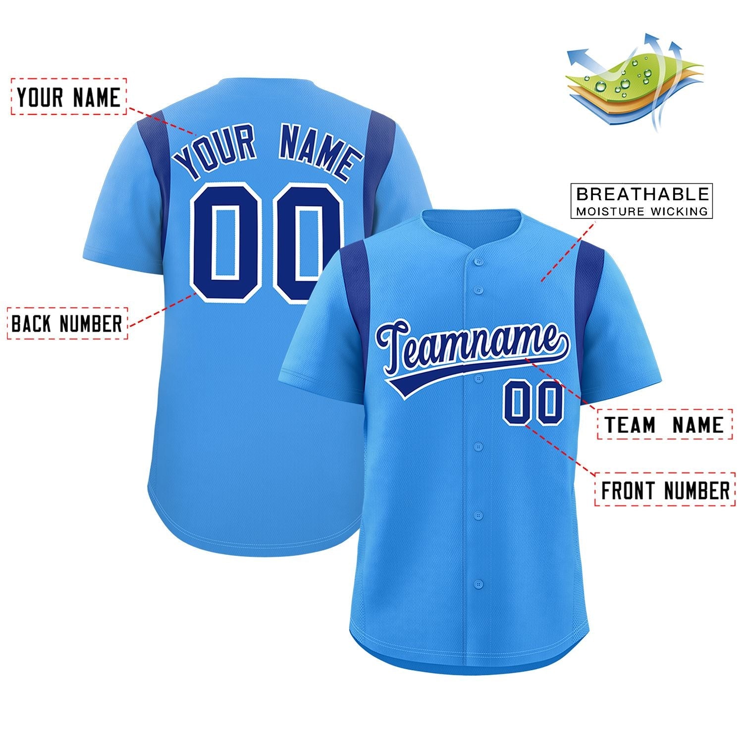 Custom Powder Blue Royal Classic Style Personalized Full Button Authentic Baseball Jersey