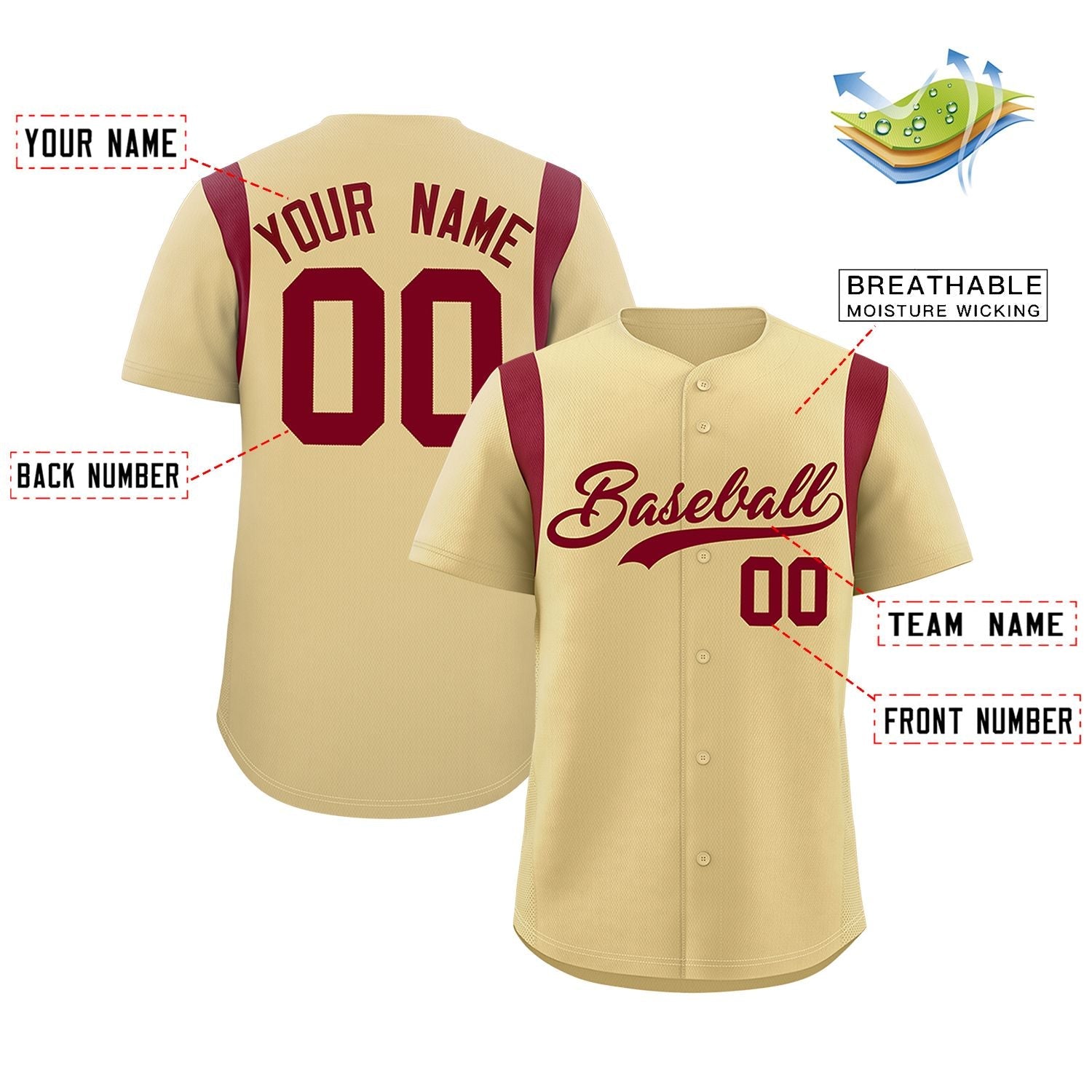 Custom Khaki Crimson Classic Style Personalized Full Button Authentic Baseball Jersey