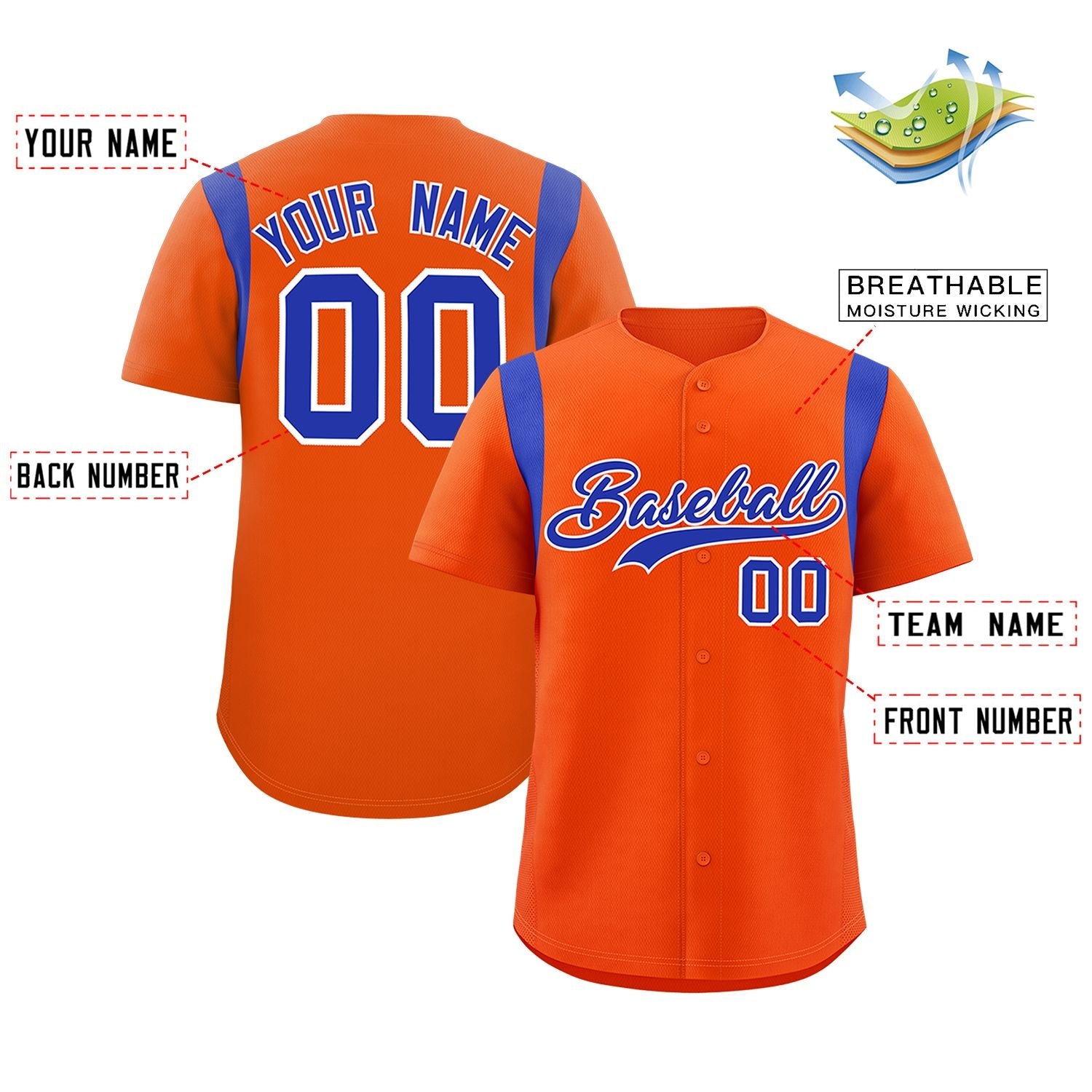 Custom Orange Royal Classic Style Personalized Full Button Authentic Baseball Jersey