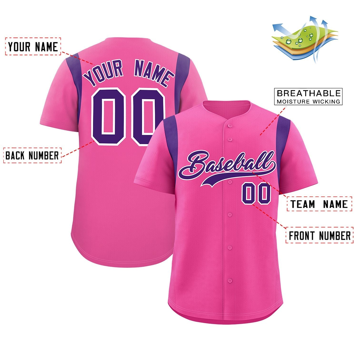 Custom Pink Purple Classic Style Personalized Full Button Authentic Baseball Jersey