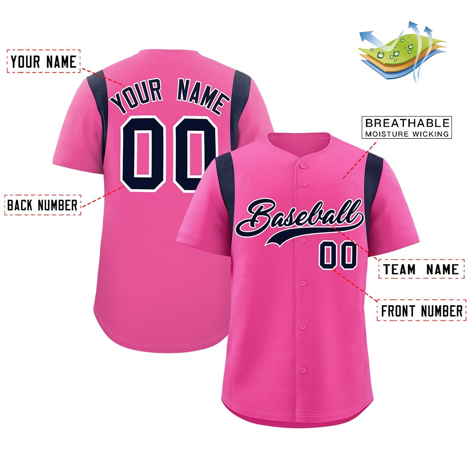 Custom Pink Navy Classic Style Personalized Full Button Authentic Baseball Jersey