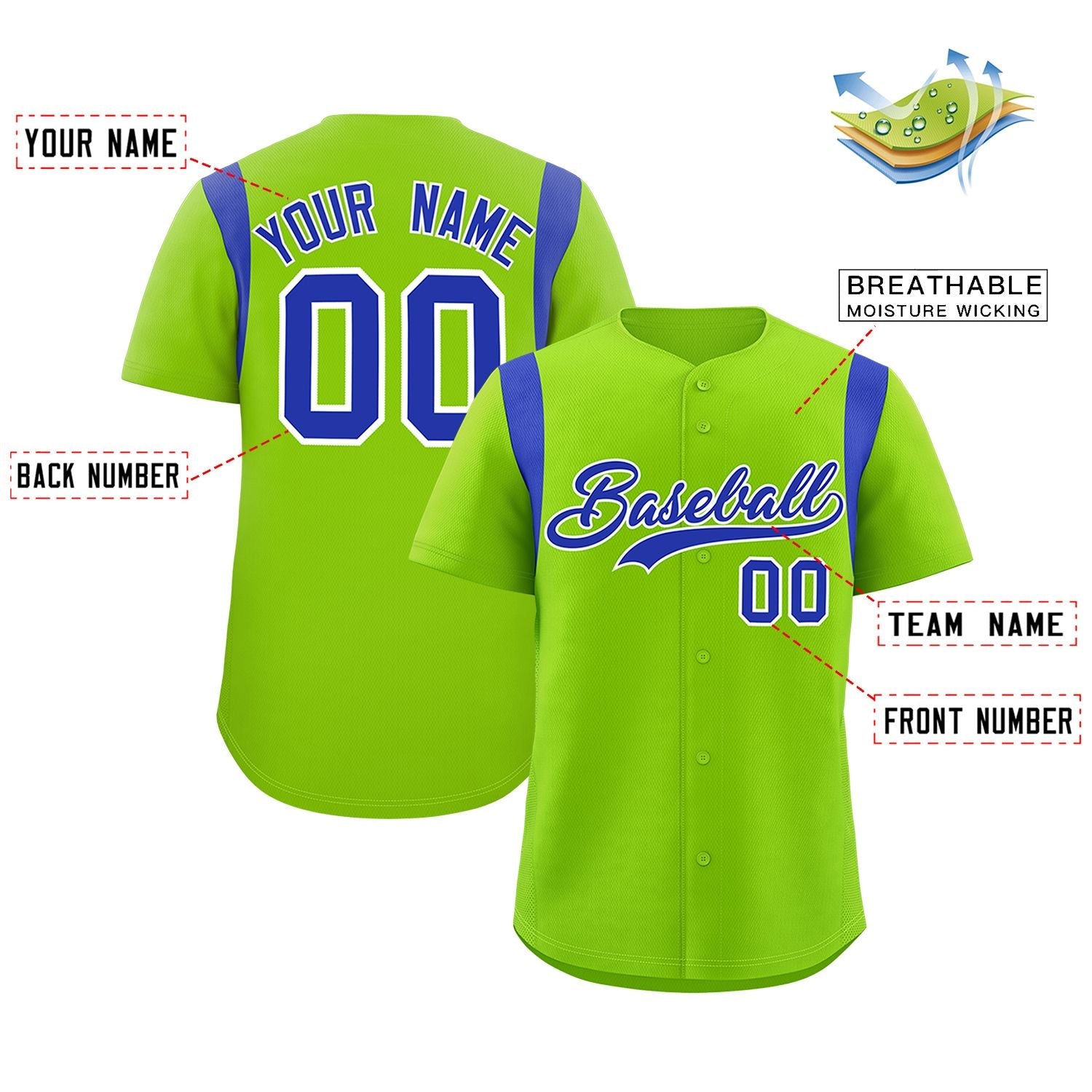 Custom Neon Green Royal Classic Style Personalized Full Button Authentic Baseball Jersey