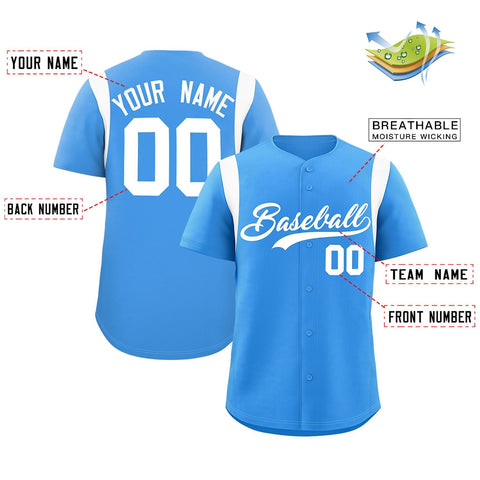 Custom Powder Blue White Classic Style Personalized Full Button Authentic Baseball Jersey