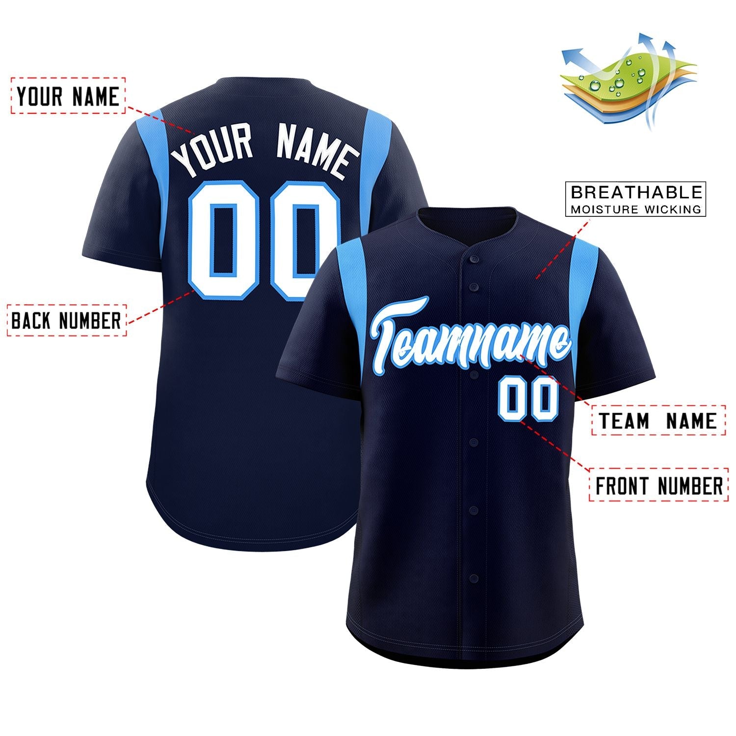 Custom Navy Powder Blue Classic Style Personalized Full Button Authentic Baseball Jersey