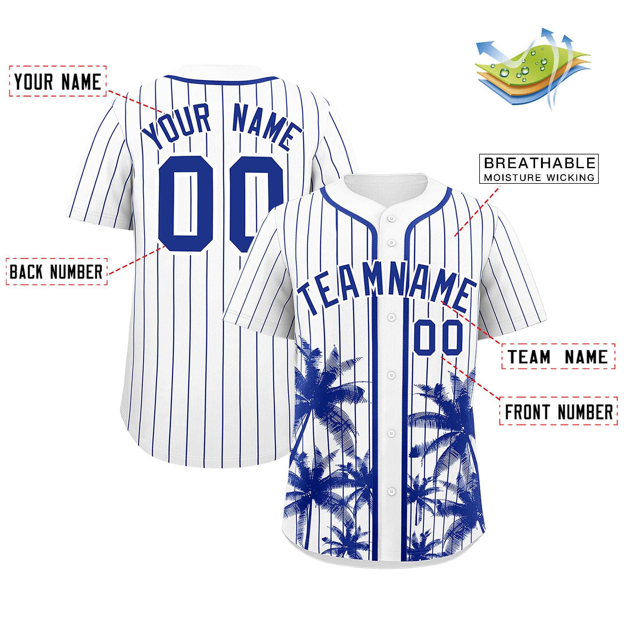 Custom White Royal Pinstripe Coconut Tree Pattern Authentic Baseball Jersey