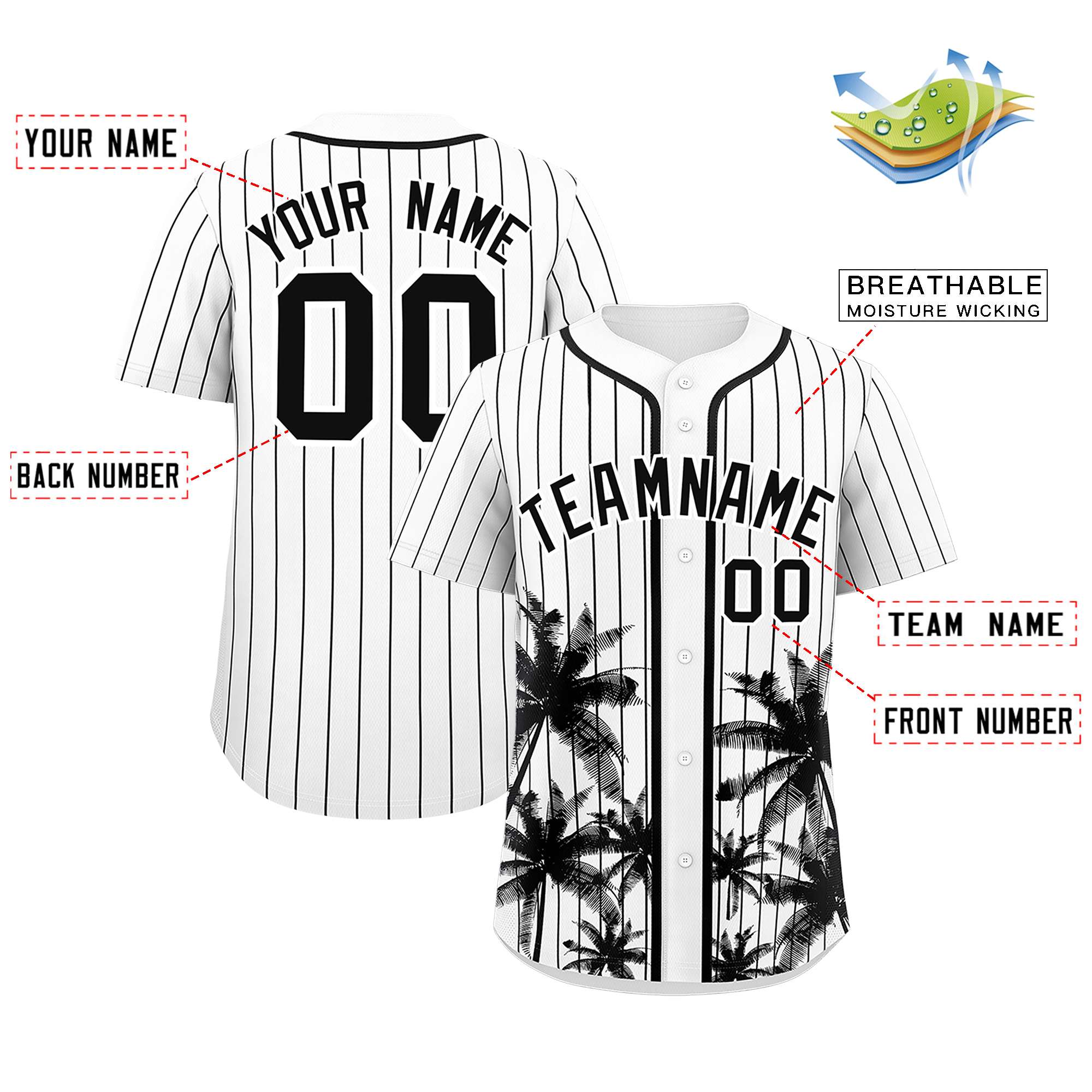 Custom White Black Pinstripe Coconut Tree Pattern Authentic Baseball Jersey