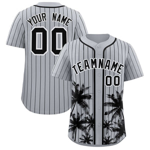 Custom Gray Black Pinstripe Coconut Tree Pattern Authentic Baseball Jersey