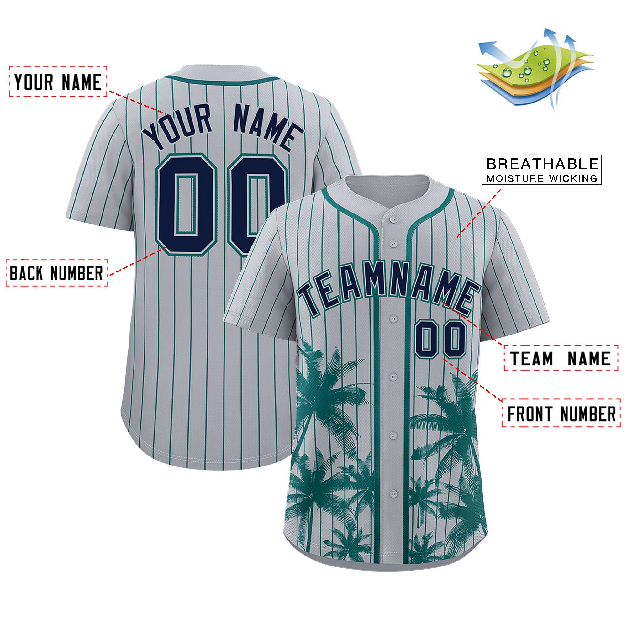 Custom Gray Aqua Pinstripe Coconut Tree Pattern Authentic Baseball Jersey