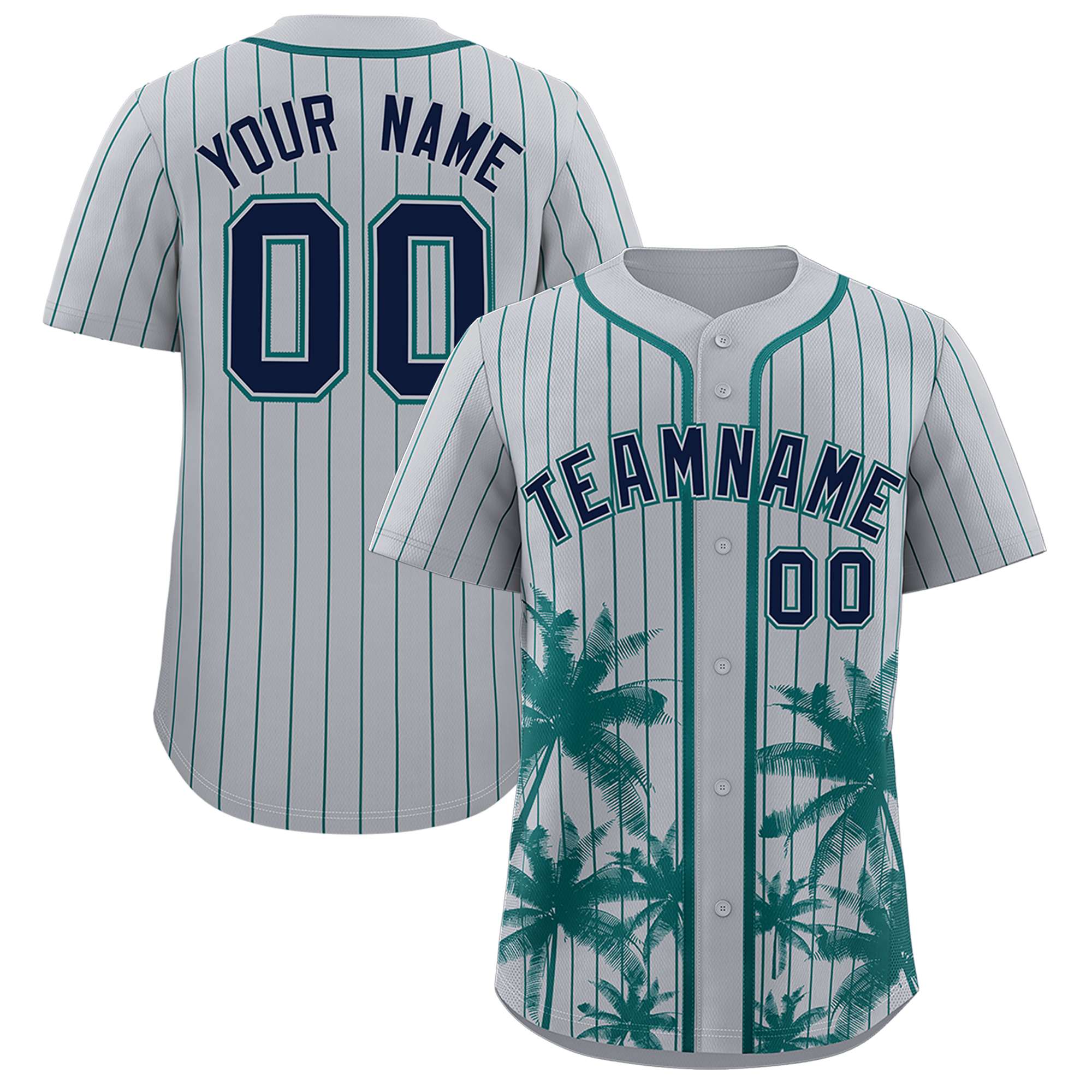 Custom Gray Aqua Pinstripe Coconut Tree Pattern Authentic Baseball Jersey