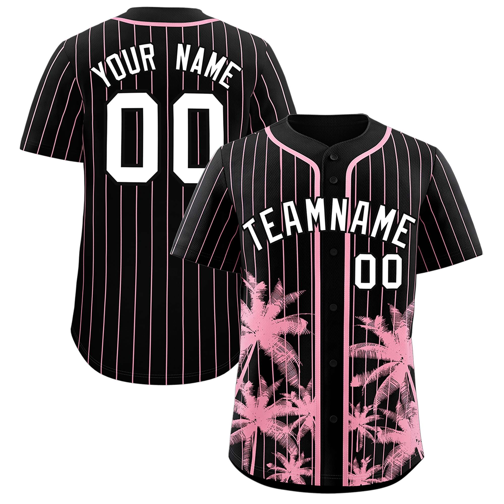 Custom Black Light Pink Pinstripe Coconut Tree Pattern Authentic Baseball Jersey