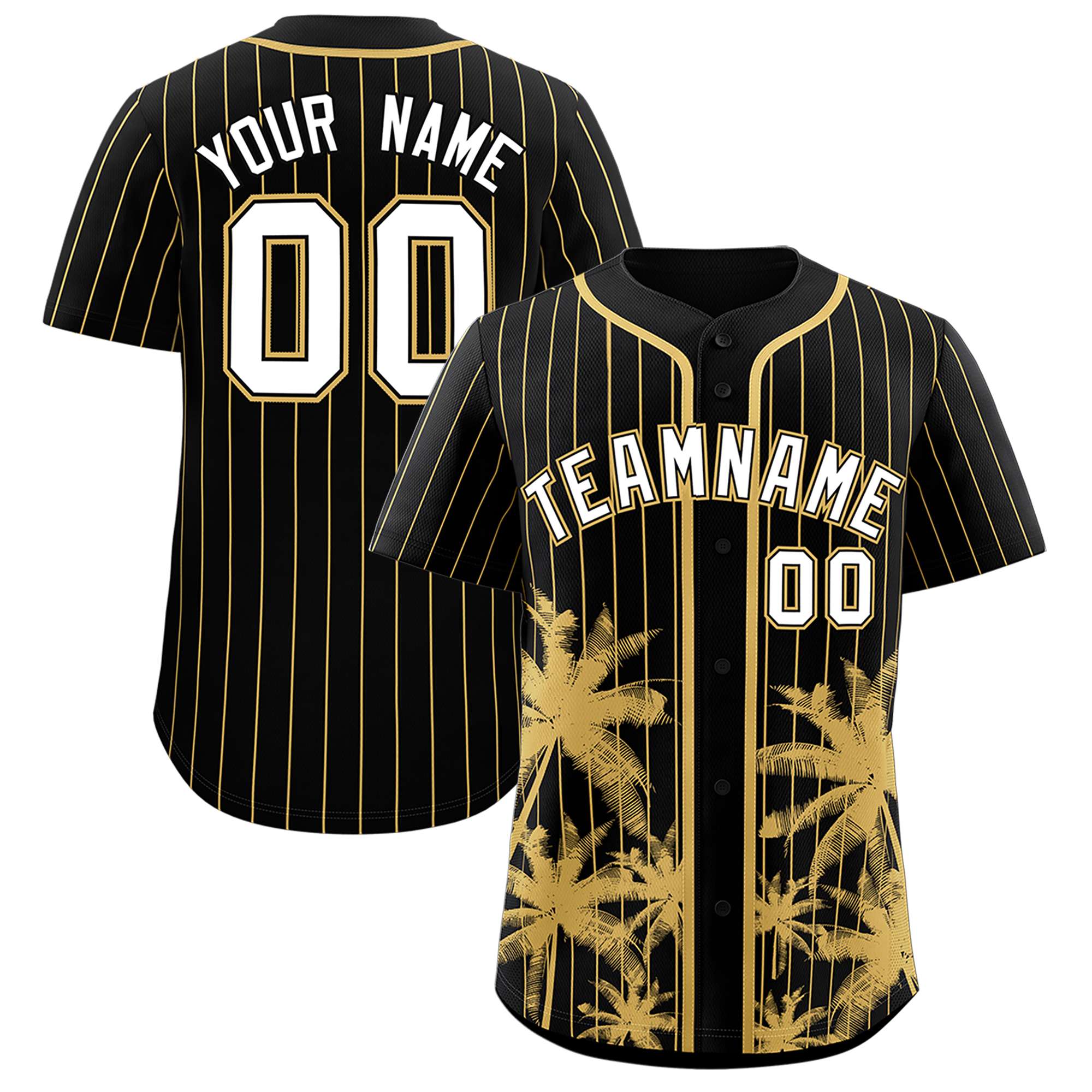 Custom Black Old Gold Pinstripe Coconut Tree Pattern Authentic Baseball Jersey