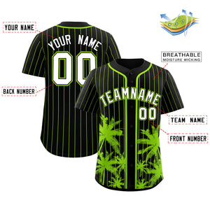 Custom Black Neon Green Pinstripe Coconut Tree Pattern Authentic Baseball Jersey