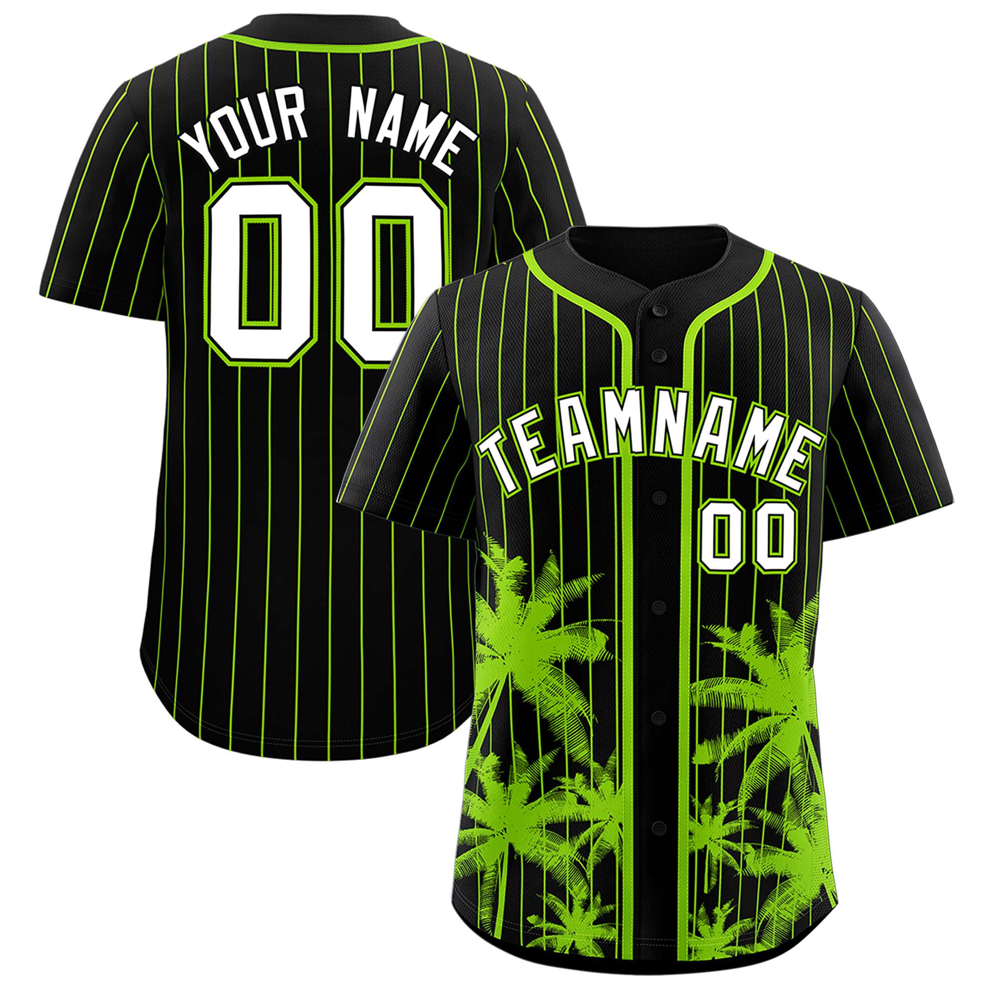 Custom Black Neon Green Pinstripe Coconut Tree Pattern Authentic Baseball Jersey