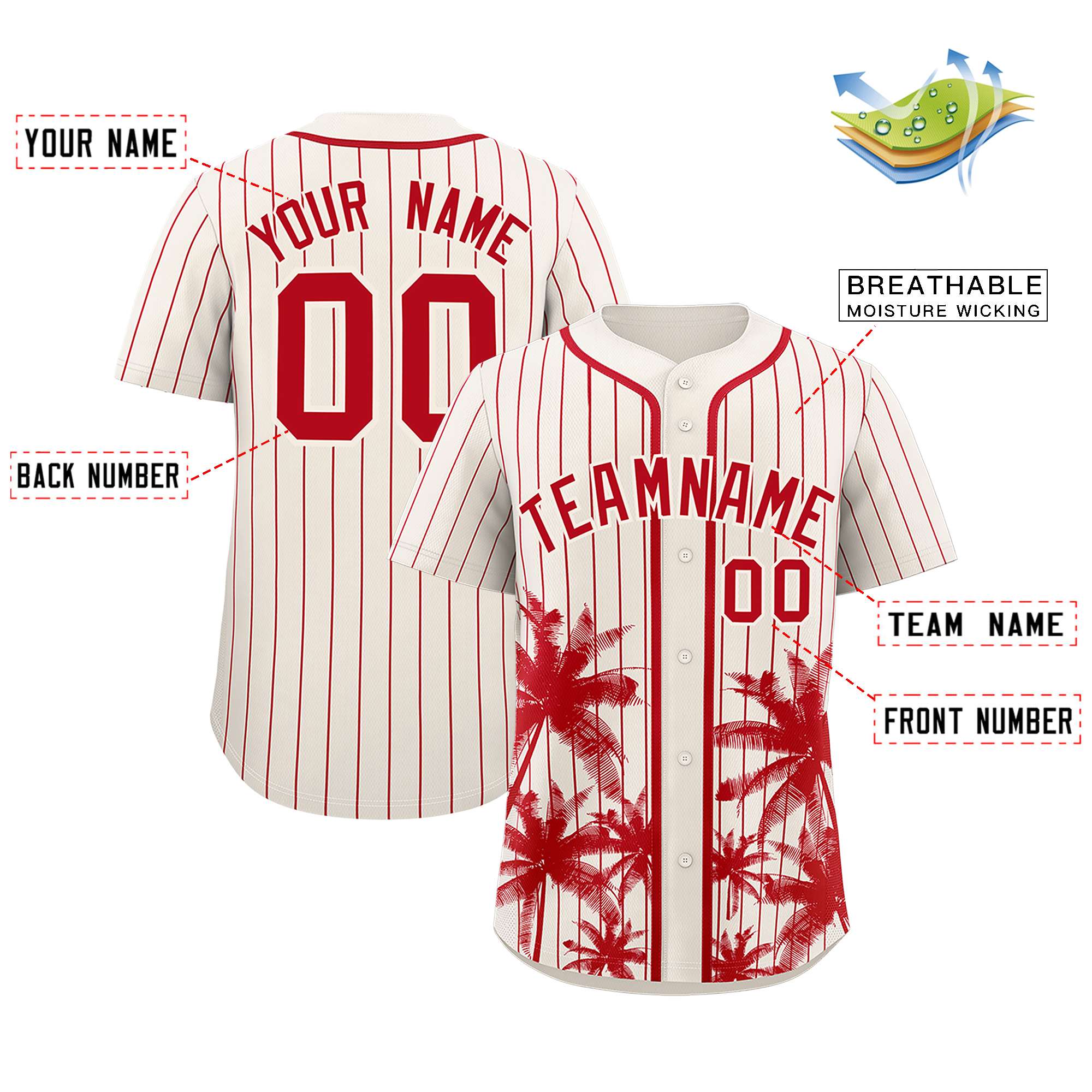 Custom Cream Red Pinstripe Coconut Tree Pattern Authentic Baseball Jersey