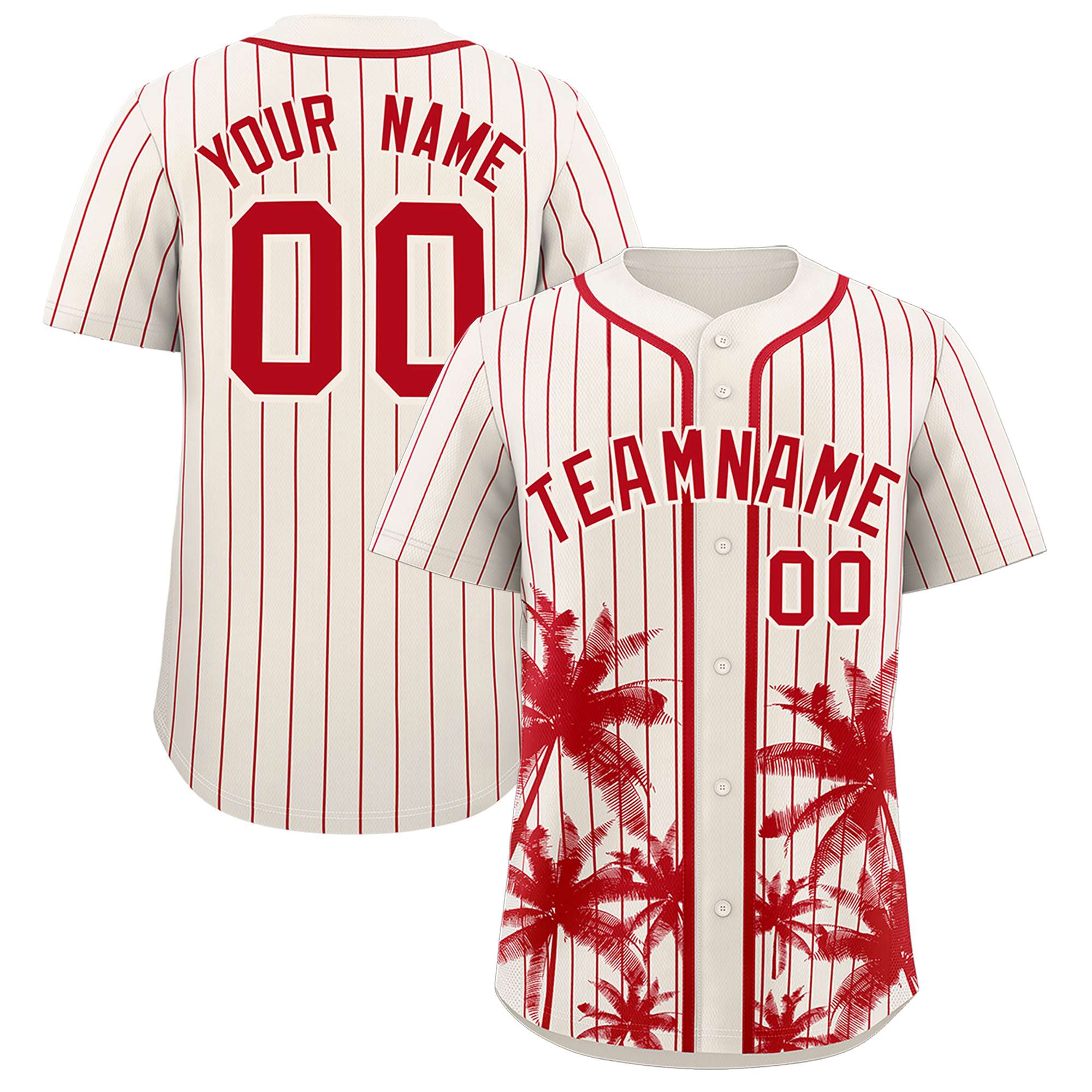 Custom Cream Red Pinstripe Coconut Tree Pattern Authentic Baseball Jersey