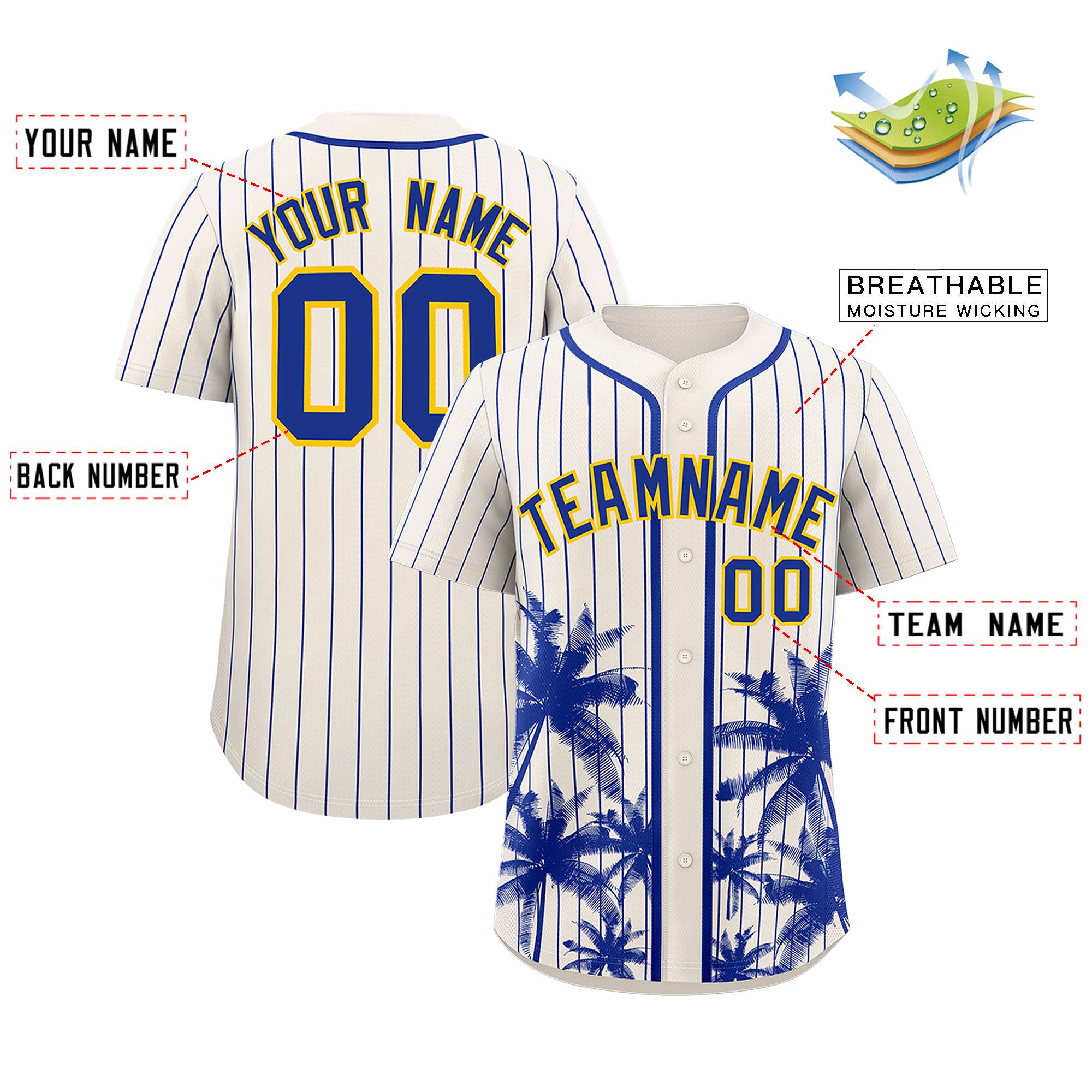 Custom Cream Royal Pinstripe Coconut Tree Pattern Authentic Baseball Jersey