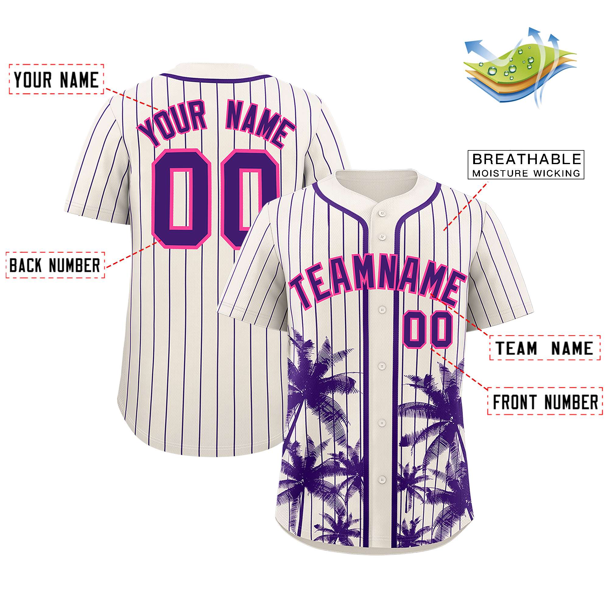 Custom Cream Purple Pinstripe Coconut Tree Pattern Authentic Baseball Jersey