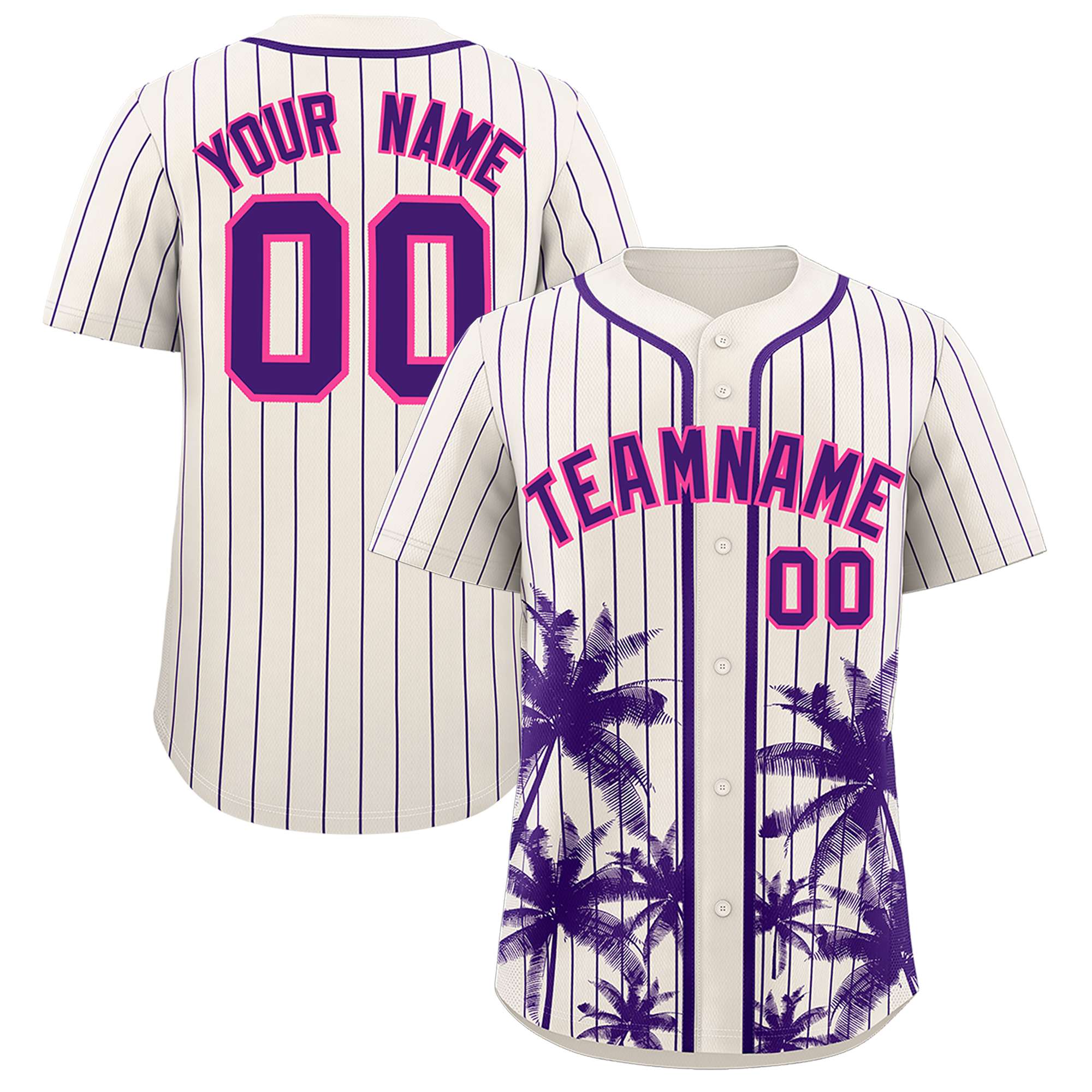 Custom Cream Purple Pinstripe Coconut Tree Pattern Authentic Baseball Jersey