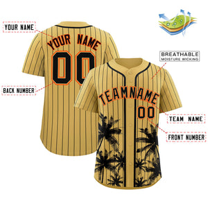 Custom Old Gold Black Pinstripe Coconut Tree Pattern Authentic Baseball Jersey