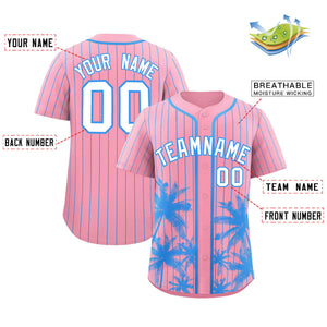 Custom Light Pink Powder Blue Pinstripe Coconut Tree Pattern Authentic Baseball Jersey