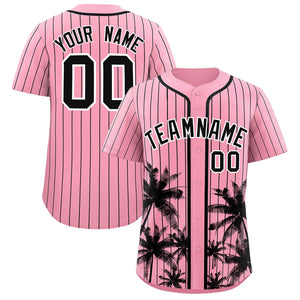 Custom Light Pink Black Pinstripe Coconut Tree Pattern Authentic Baseball Jersey