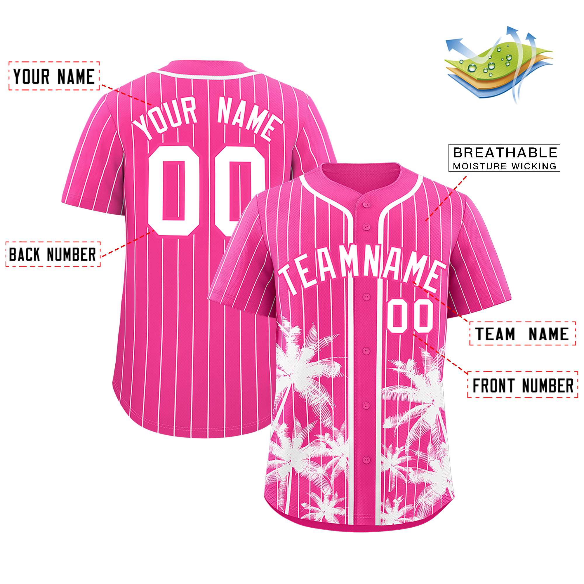 Custom Pink White Pinstripe Coconut Tree Pattern Authentic Baseball Jersey