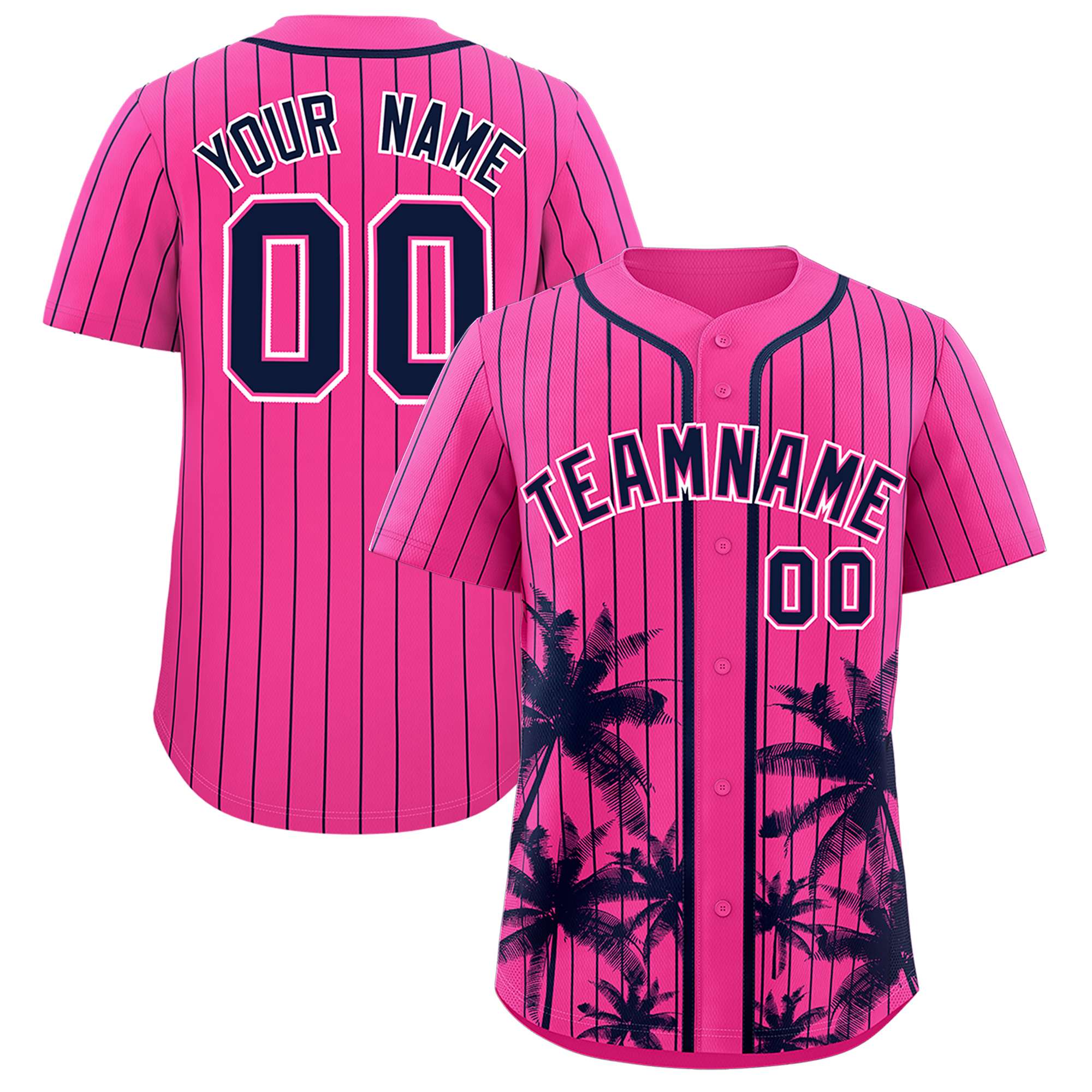 Custom Pink Navy Pinstripe Coconut Tree Pattern Authentic Baseball Jersey