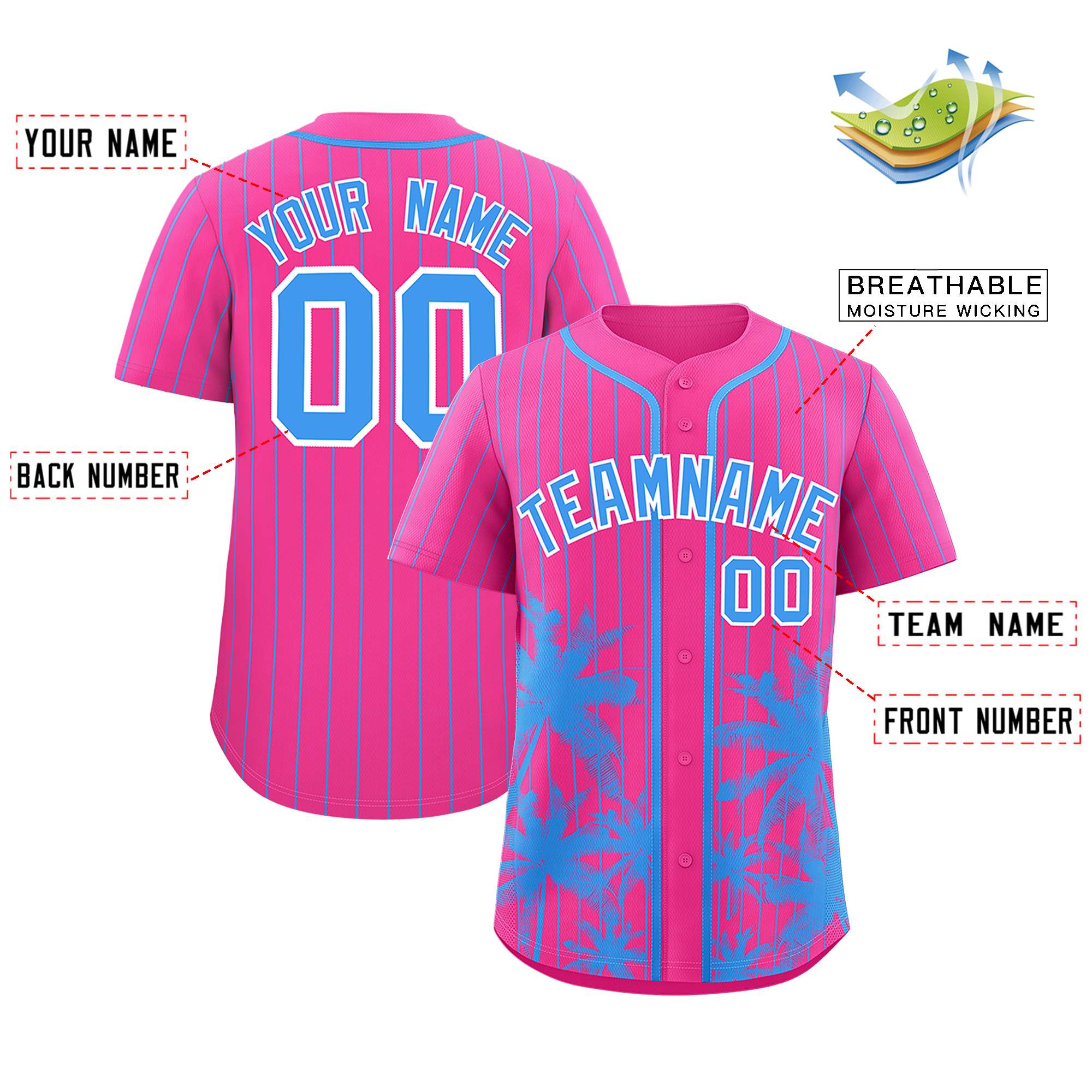 Custom Pink Powder Blue Pinstripe Coconut Tree Pattern Authentic Baseball Jersey