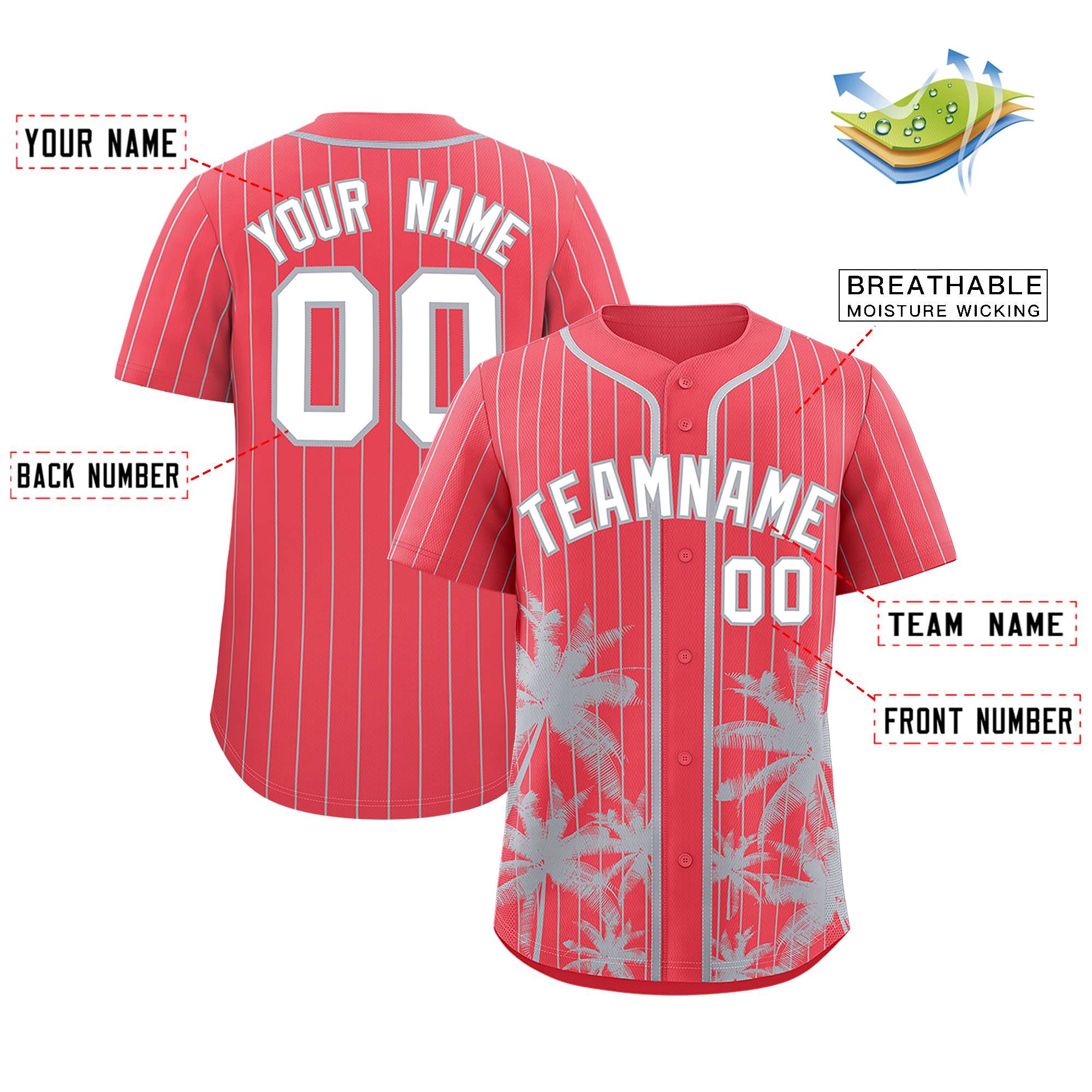 Custom Light Red Gray Pinstripe Coconut Tree Pattern Authentic Baseball Jersey